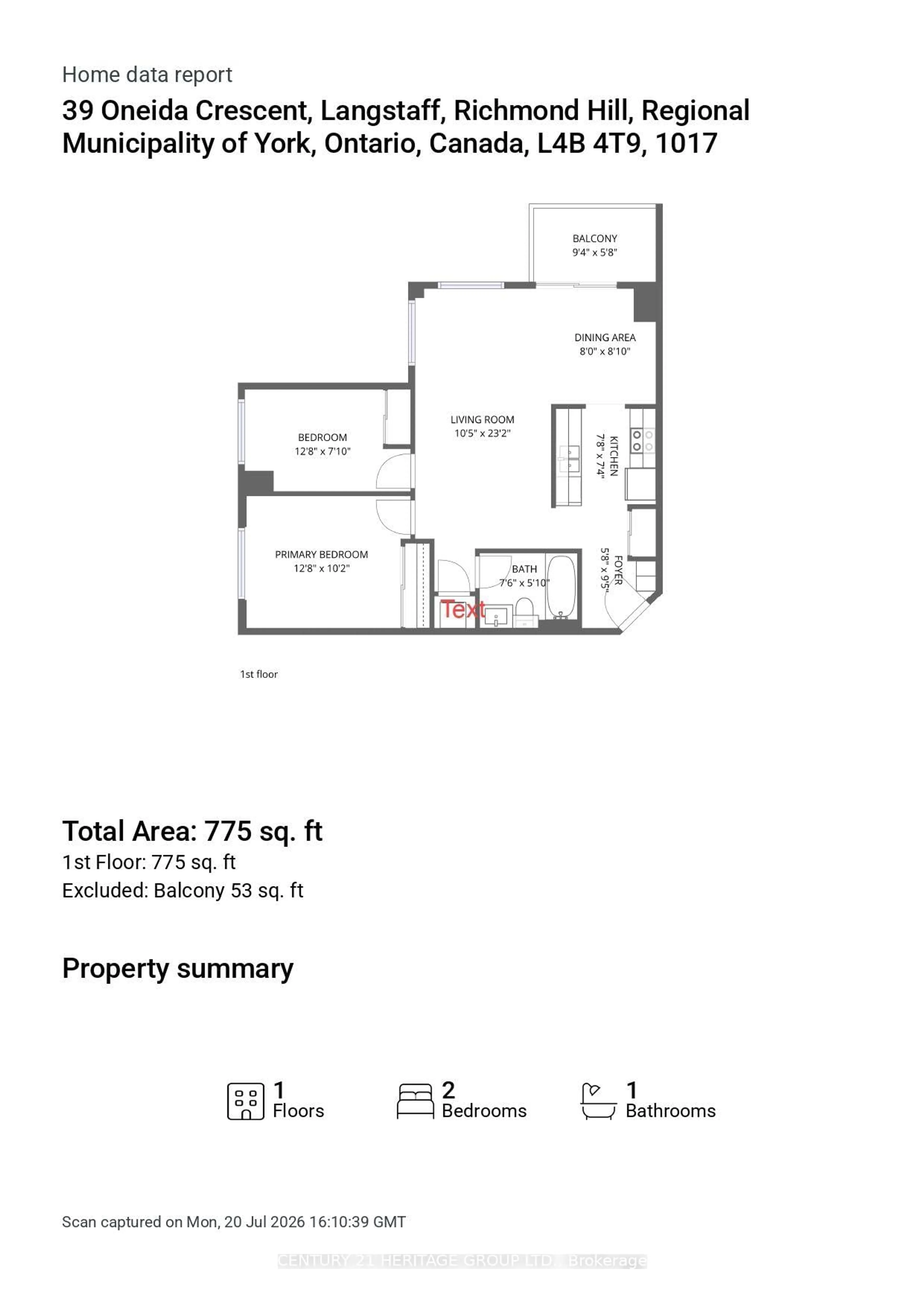 Floor plan for 39 Oneida Cres #1017, Richmond Hill Ontario L4B 4T9