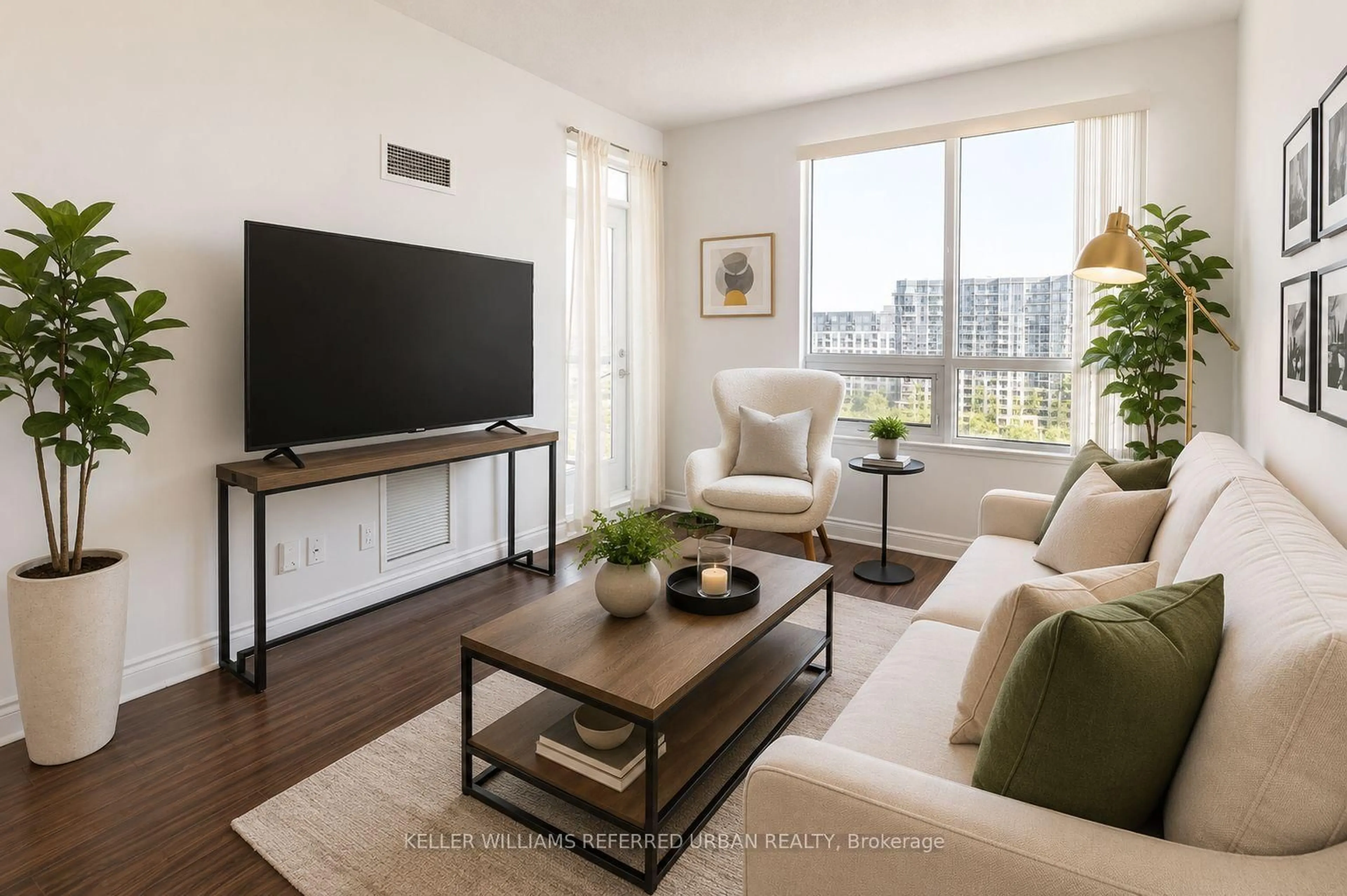 Living room with furniture, wood/laminate floor for 50 Clegg Rd #1520, Markham Ontario L6G 0C6