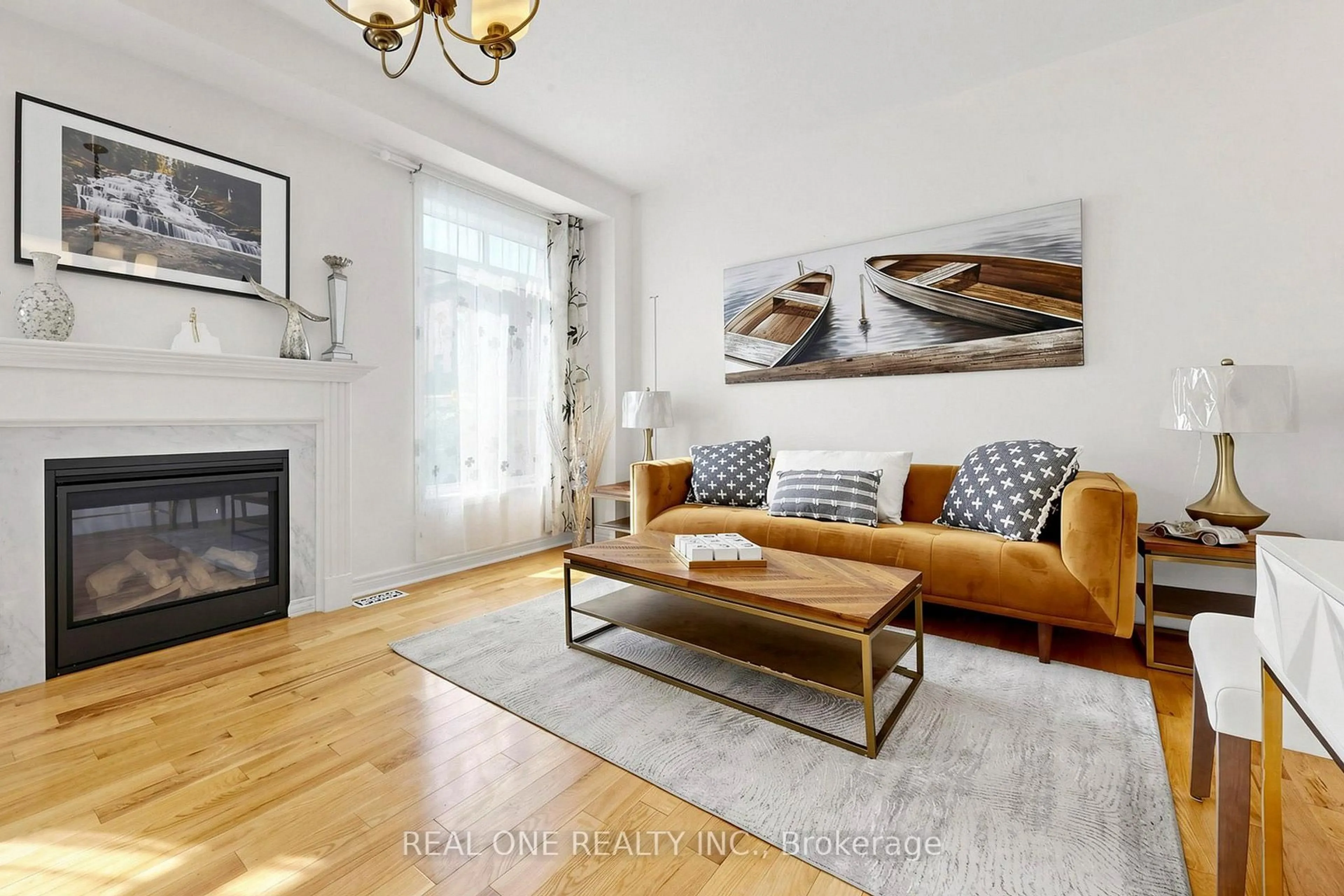 Living room with furniture, wood/laminate floor for 48 Lanark St, Bradford West Gwillimbury Ontario L3Z 0W7