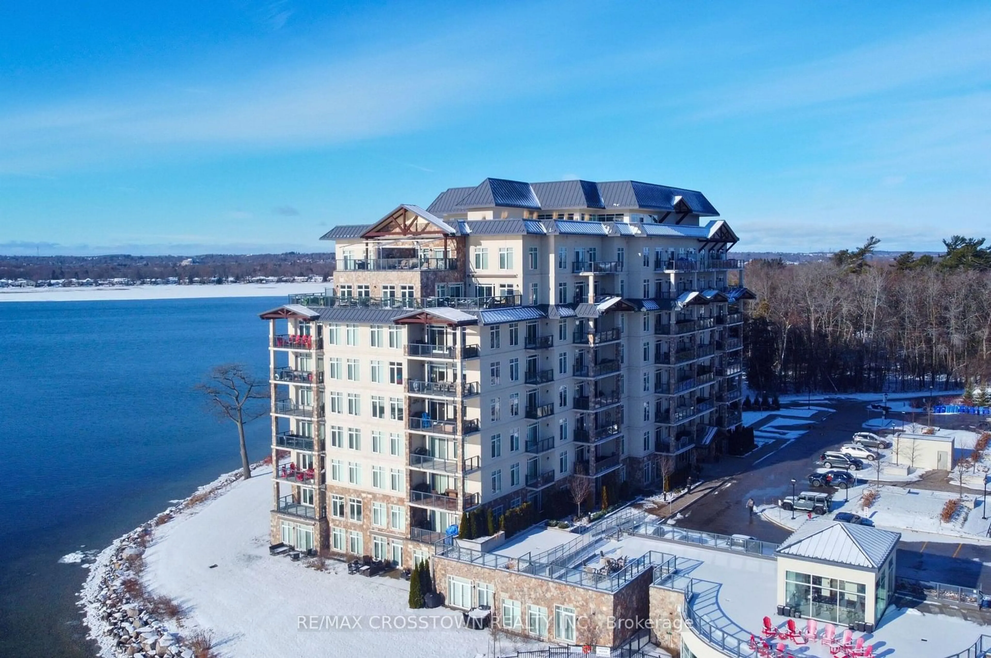 A pic from outside/outdoor area/front of a property/back of a property/a pic from drone, water/lake/river/ocean view for 90 Orchard Point Rd #401, Orillia Ontario L3V 8K4