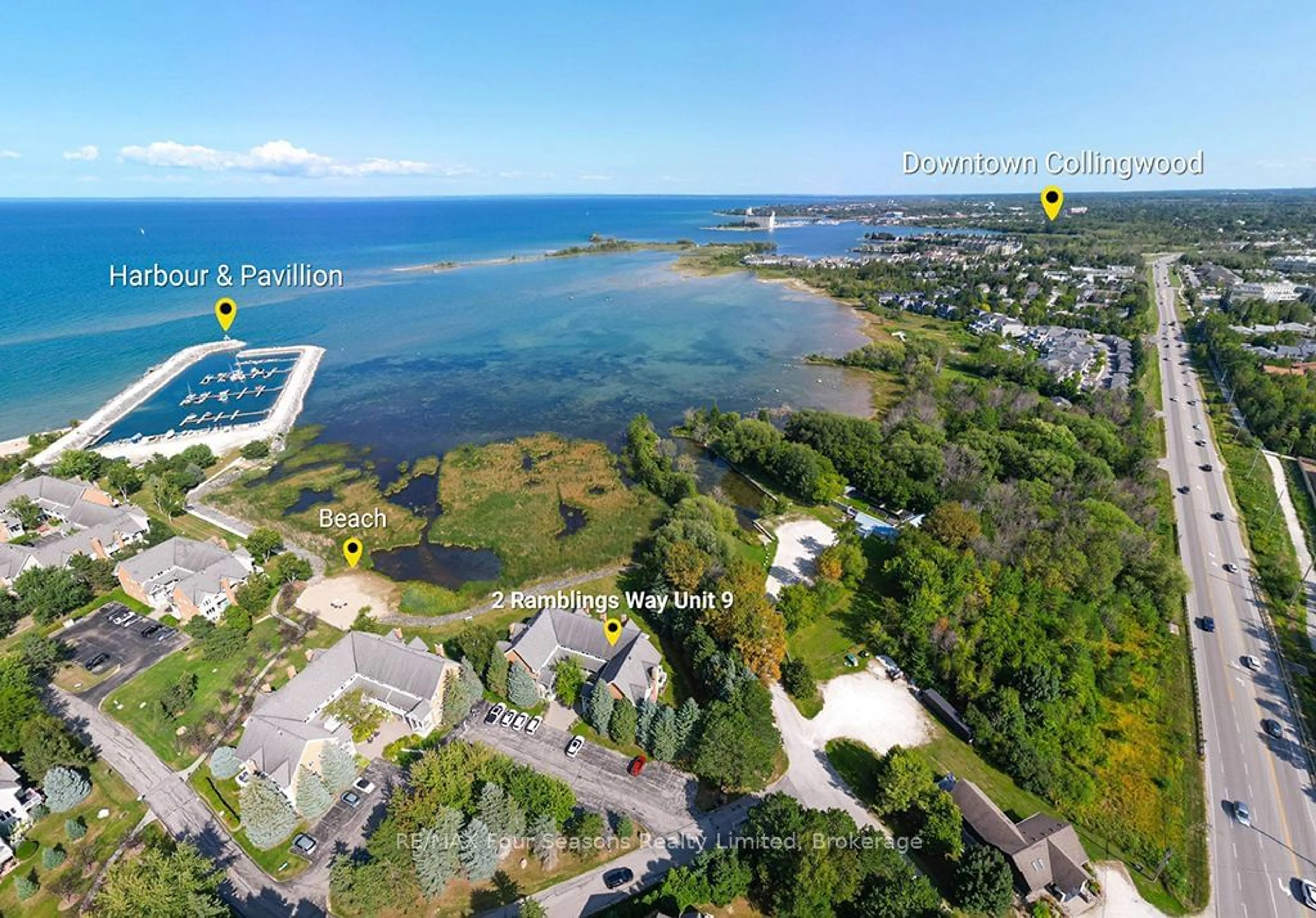 A pic from outside/outdoor area/front of a property/back of a property/a pic from drone, water/lake/river/ocean view for 2 RAMBLINGS Way #9, Collingwood Ontario L9Y 5C6