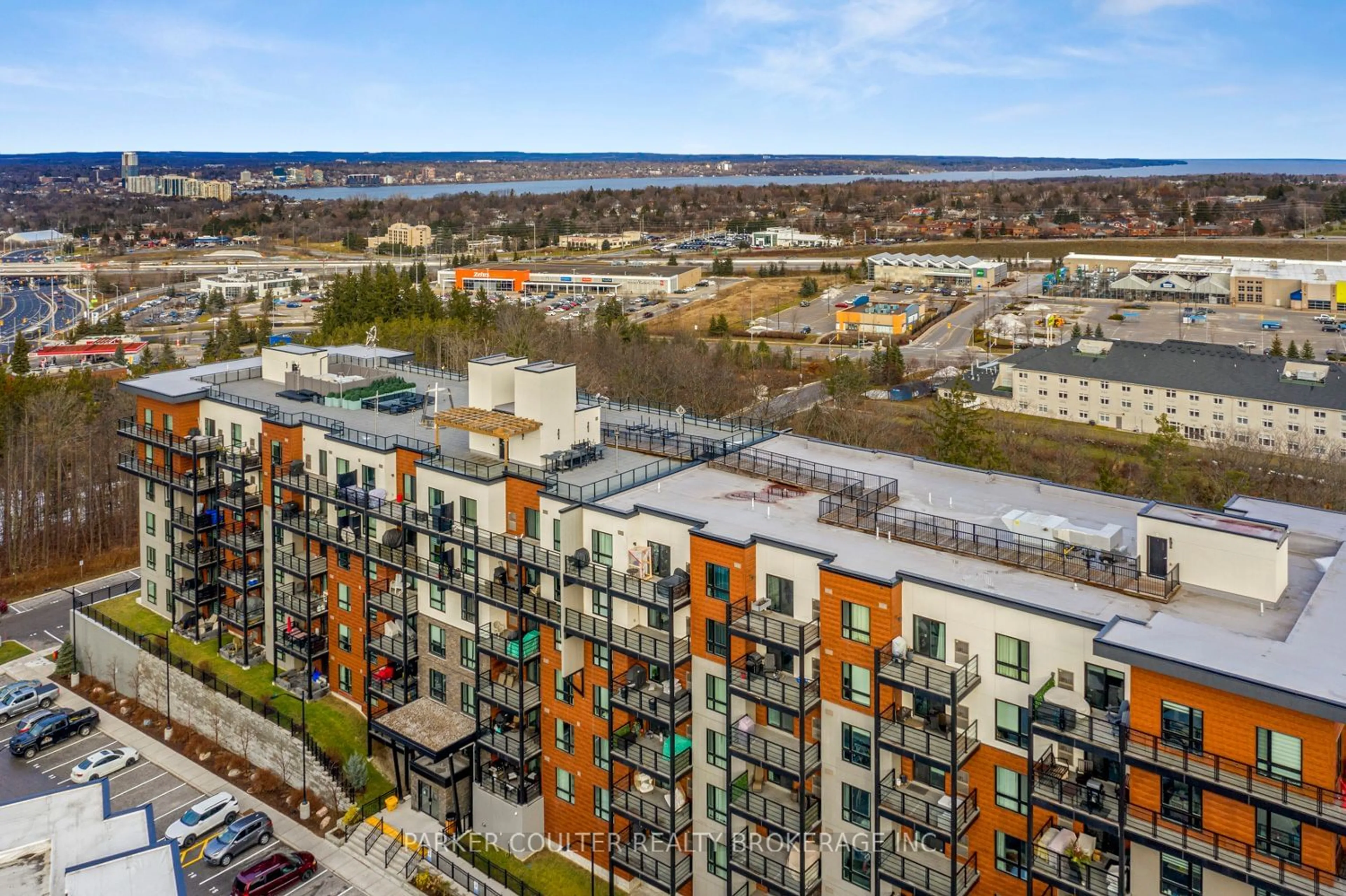 A pic from outside/outdoor area/front of a property/back of a property/a pic from drone, city buildings view from balcony for 304 Essa Rd #512, Barrie Ontario L9J 0H4