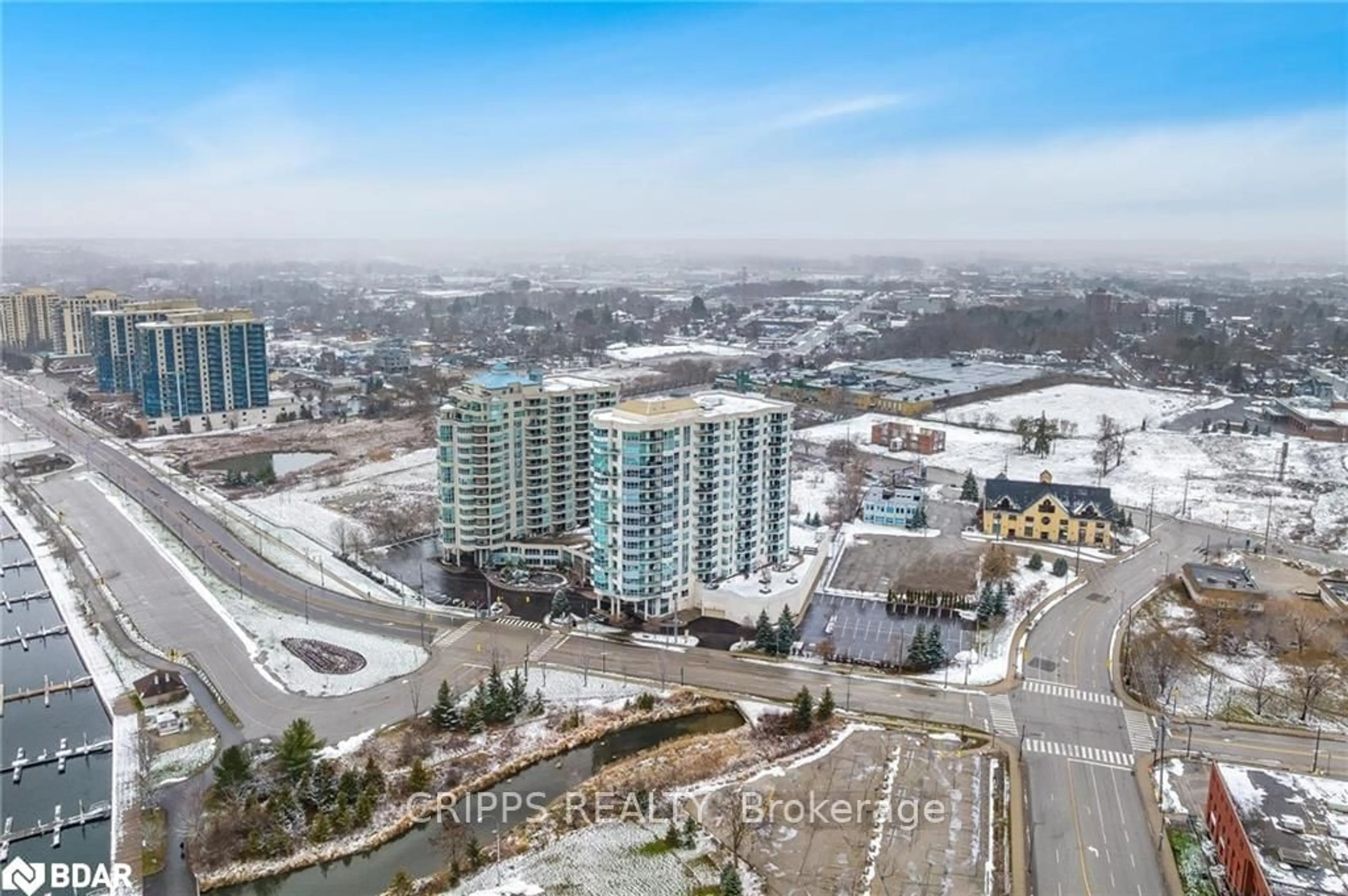 A pic from outside/outdoor area/front of a property/back of a property/a pic from drone, city buildings view from balcony for 6 Toronto St #508, Barrie Ontario L4N 9R2