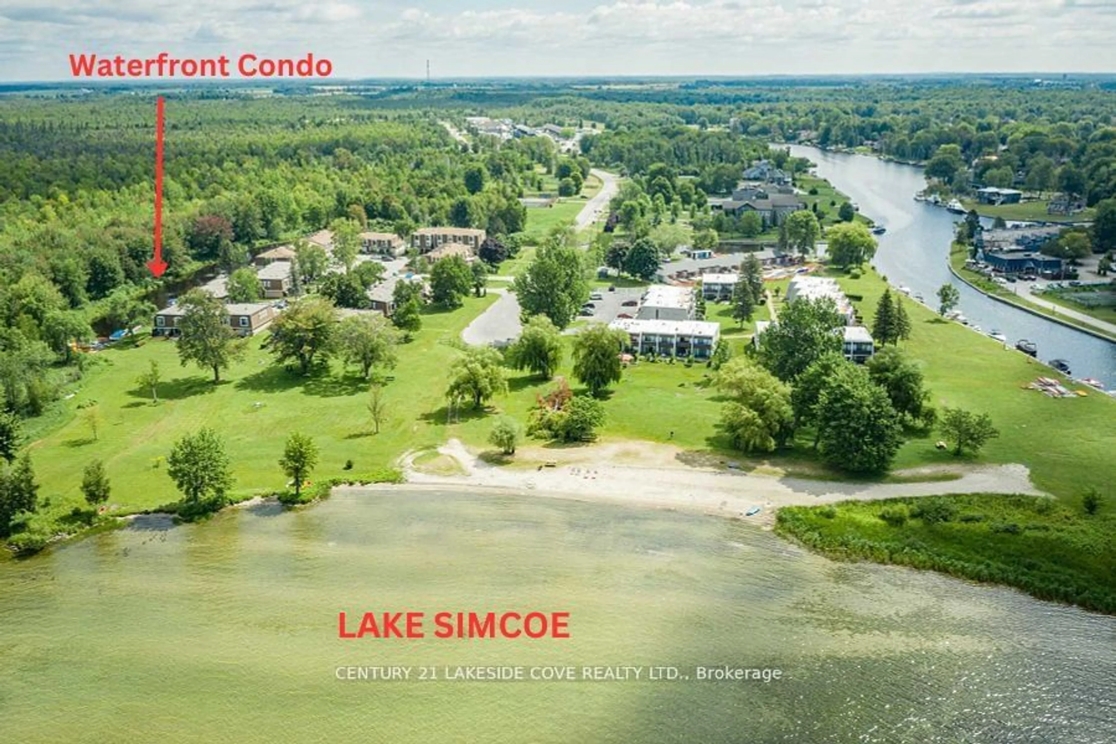 A pic from outside/outdoor area/front of a property/back of a property/a pic from drone, water/lake/river/ocean view for 2 Paradise Blvd #Unit 16, Ramara Ontario L0K 1B0