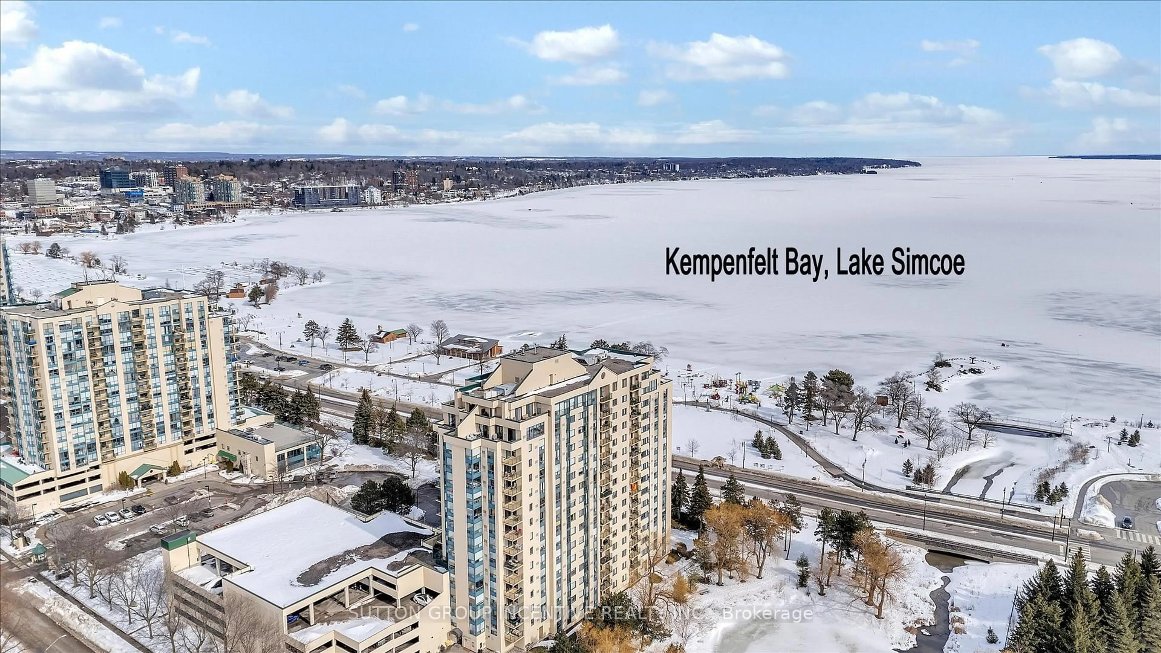 A pic from outside/outdoor area/front of a property/back of a property/a pic from drone, water/lake/river/ocean view for 75 Ellen St #1104, Barrie Ontario L4N 7R6