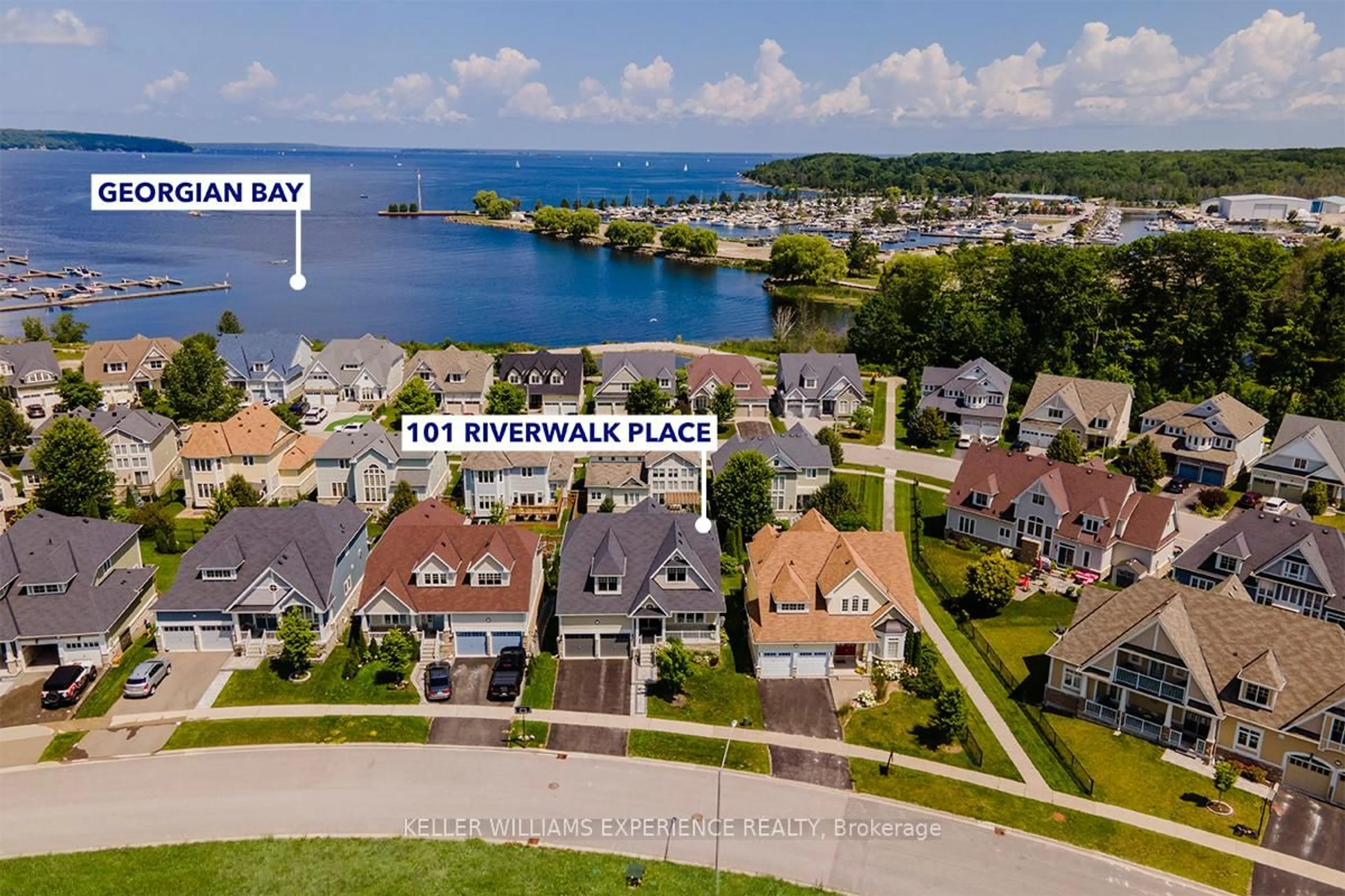 A pic from outside/outdoor area/front of a property/back of a property/a pic from drone, water/lake/river/ocean view for 101 Riverwalk Pl, Midland Ontario L4R 0B4