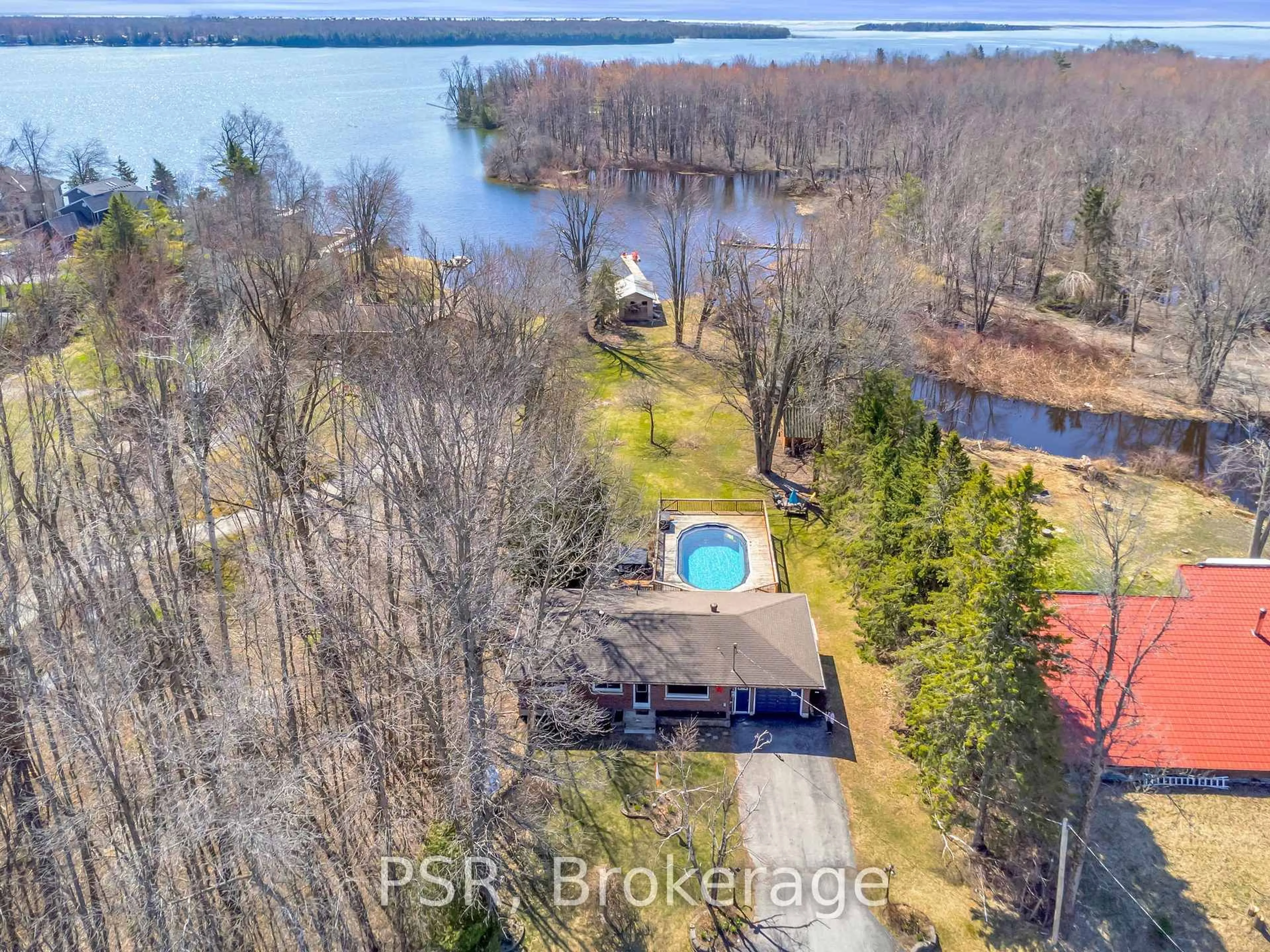 A pic from outside/outdoor area/front of a property/back of a property/a pic from drone, water/lake/river/ocean view for 4453 Orkney Beach Rd, Ramara Ontario L3V 6H7