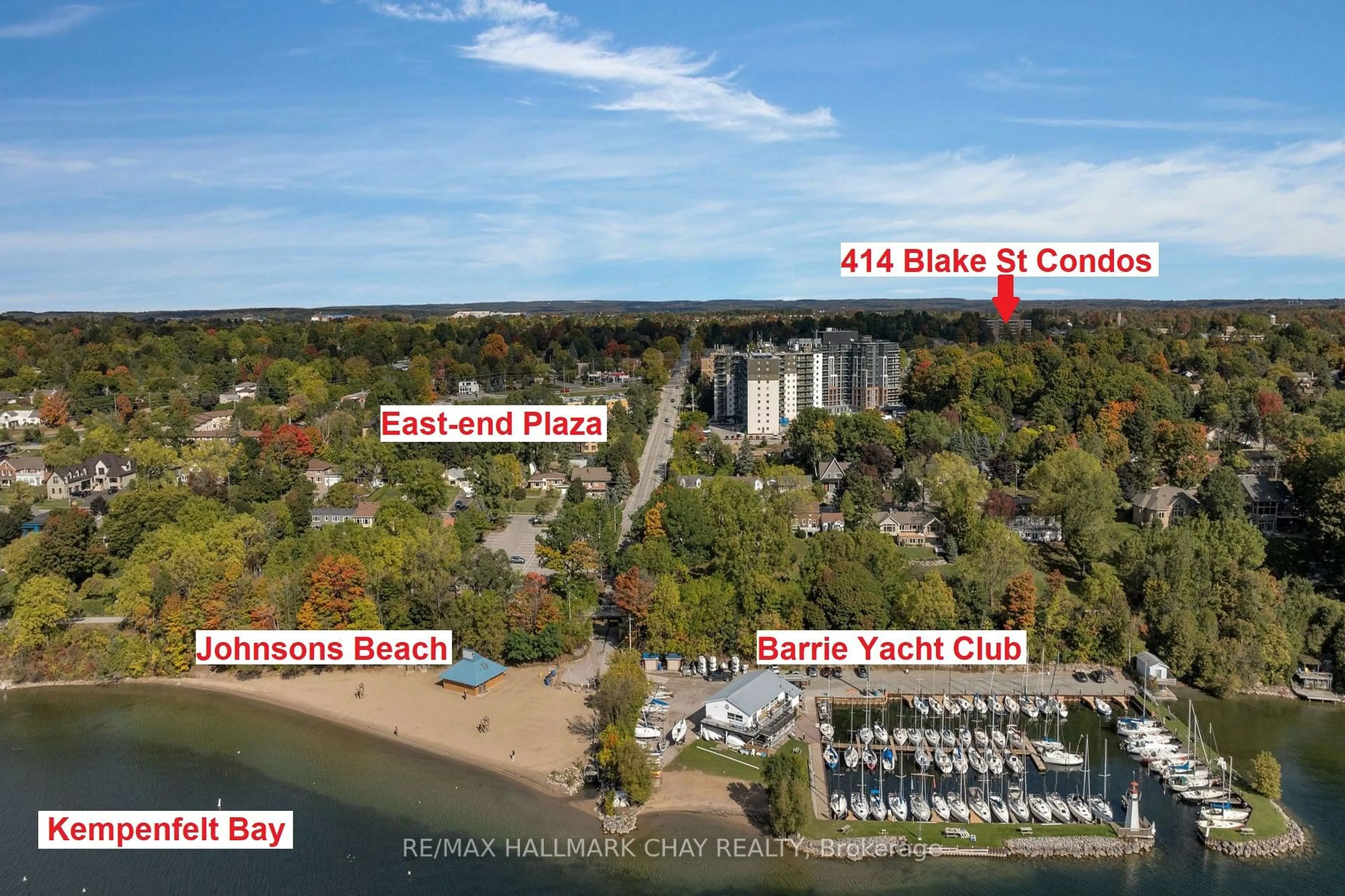 A pic from outside/outdoor area/front of a property/back of a property/a pic from drone, city buildings view from balcony for 414 Blake St #702, Barrie Ontario L4M 5J7