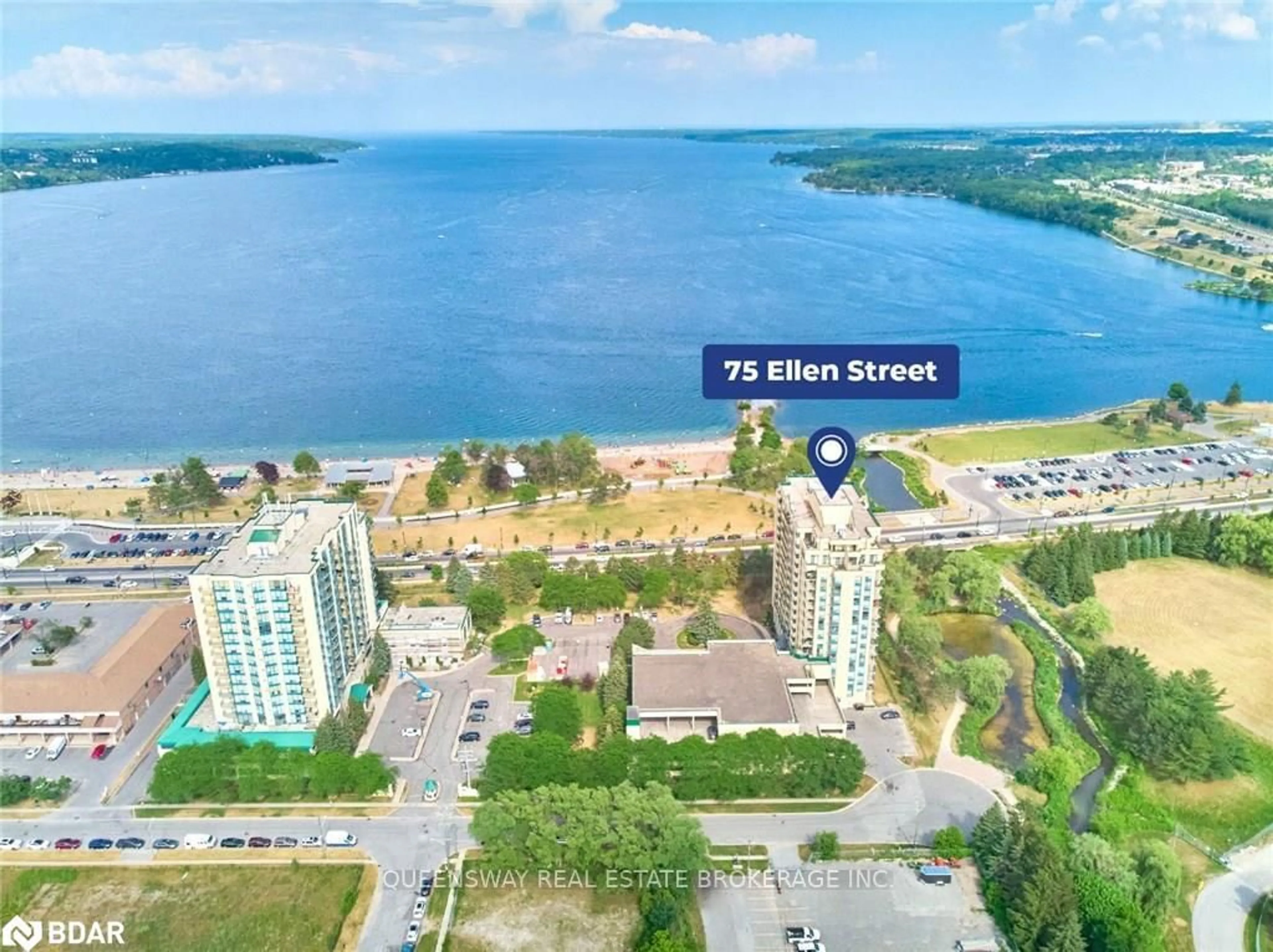 A pic from outside/outdoor area/front of a property/back of a property/a pic from drone, water/lake/river/ocean view for 75 Ellen St #904, Barrie Ontario L4N 7R6
