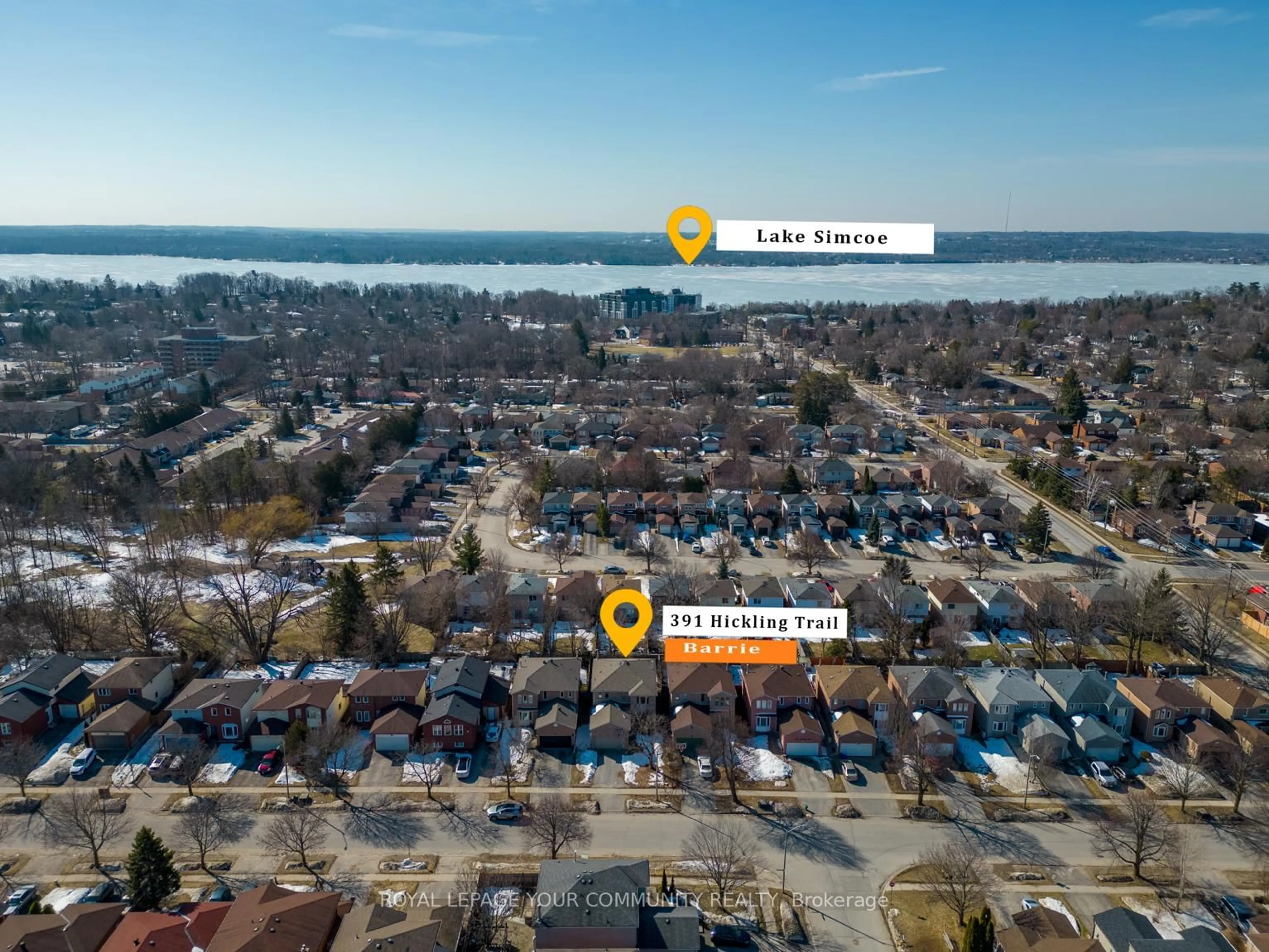A pic from outside/outdoor area/front of a property/back of a property/a pic from drone, water/lake/river/ocean view for 391 Hickling Tr, Barrie Ontario L4M 6A9