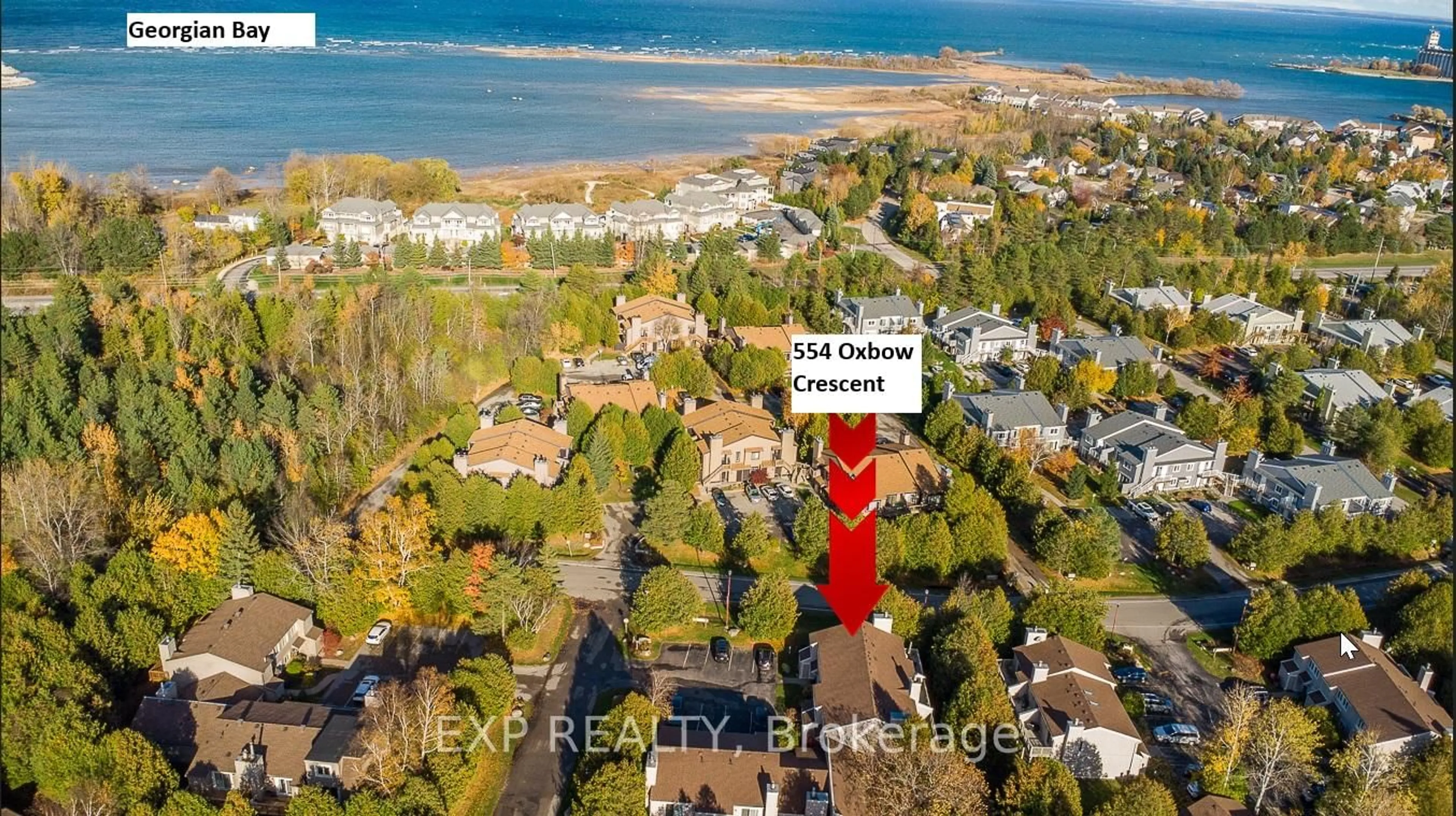 A pic from outside/outdoor area/front of a property/back of a property/a pic from drone, water/lake/river/ocean view for 554 Oxbow Cres, Collingwood Ontario L9Y 5B4