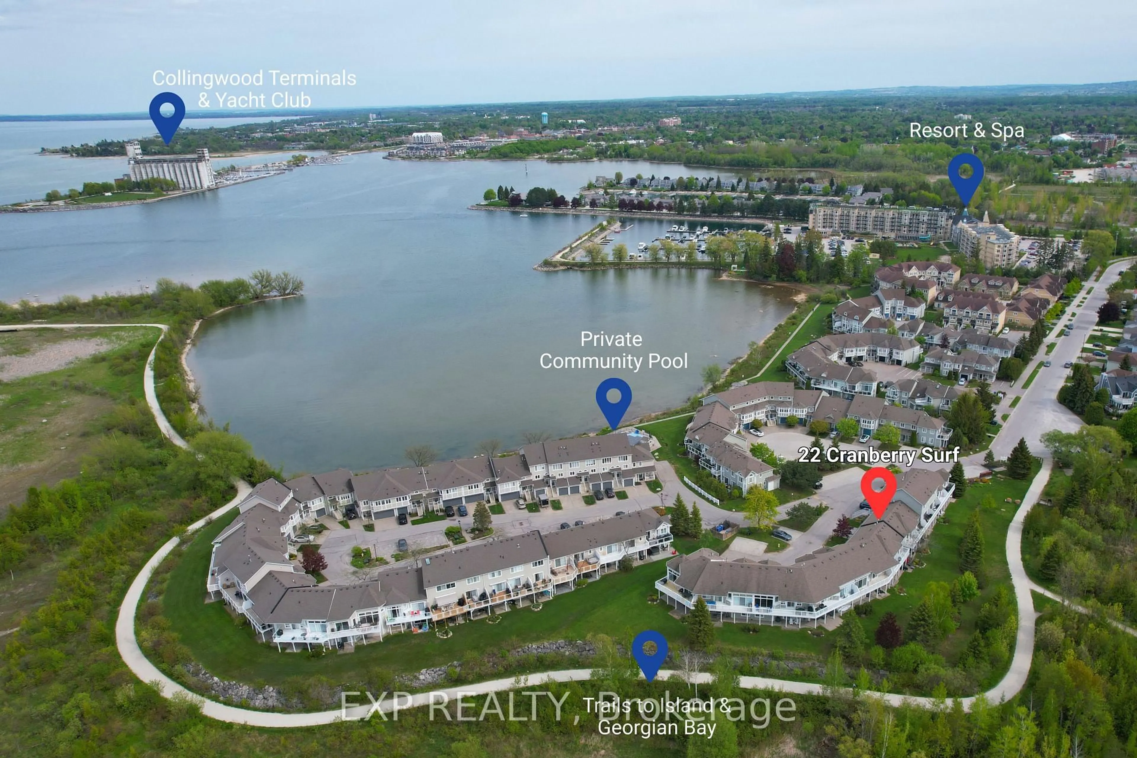 A pic from outside/outdoor area/front of a property/back of a property/a pic from drone, water/lake/river/ocean view for 22 Cranberry Surf N/A, Collingwood Ontario L9Y 5C4