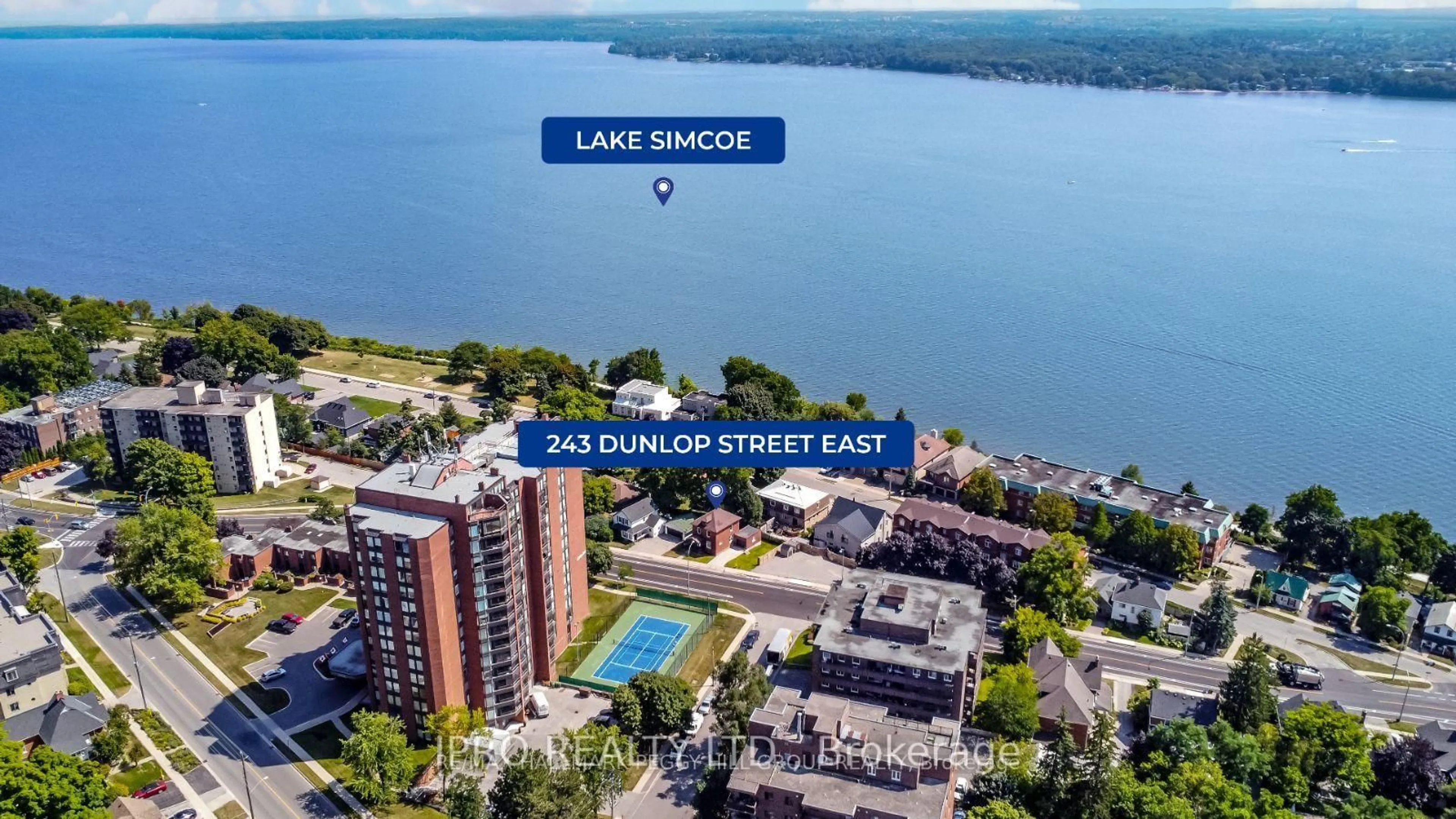A pic from outside/outdoor area/front of a property/back of a property/a pic from drone, water/lake/river/ocean view for 243 Dunlop St, Barrie Ontario L4M 1B6