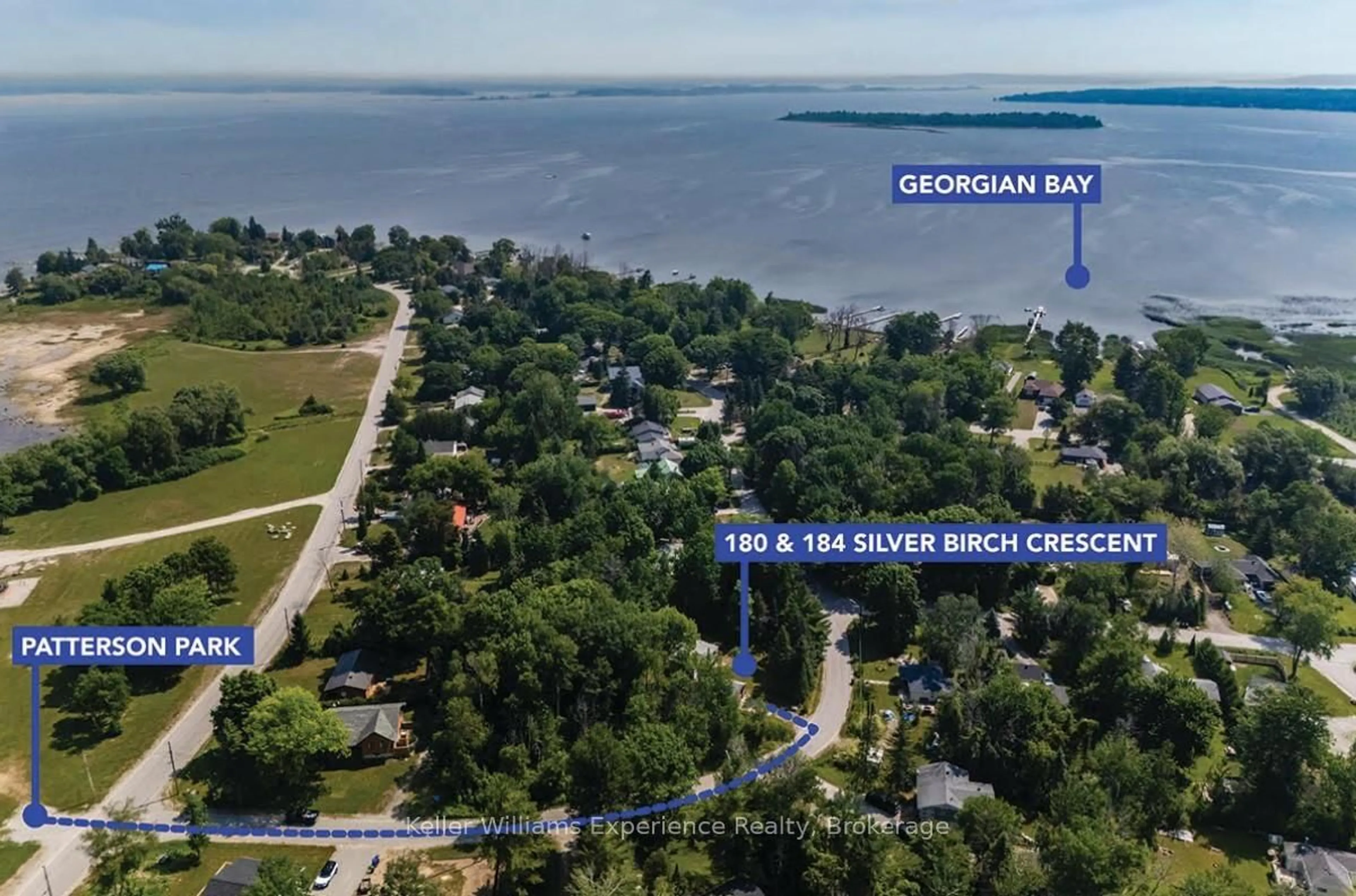 A pic from outside/outdoor area/front of a property/back of a property/a pic from drone, water/lake/river/ocean view for 180&184 Silver Birch Cres, Tay Ontario L0K 1R0