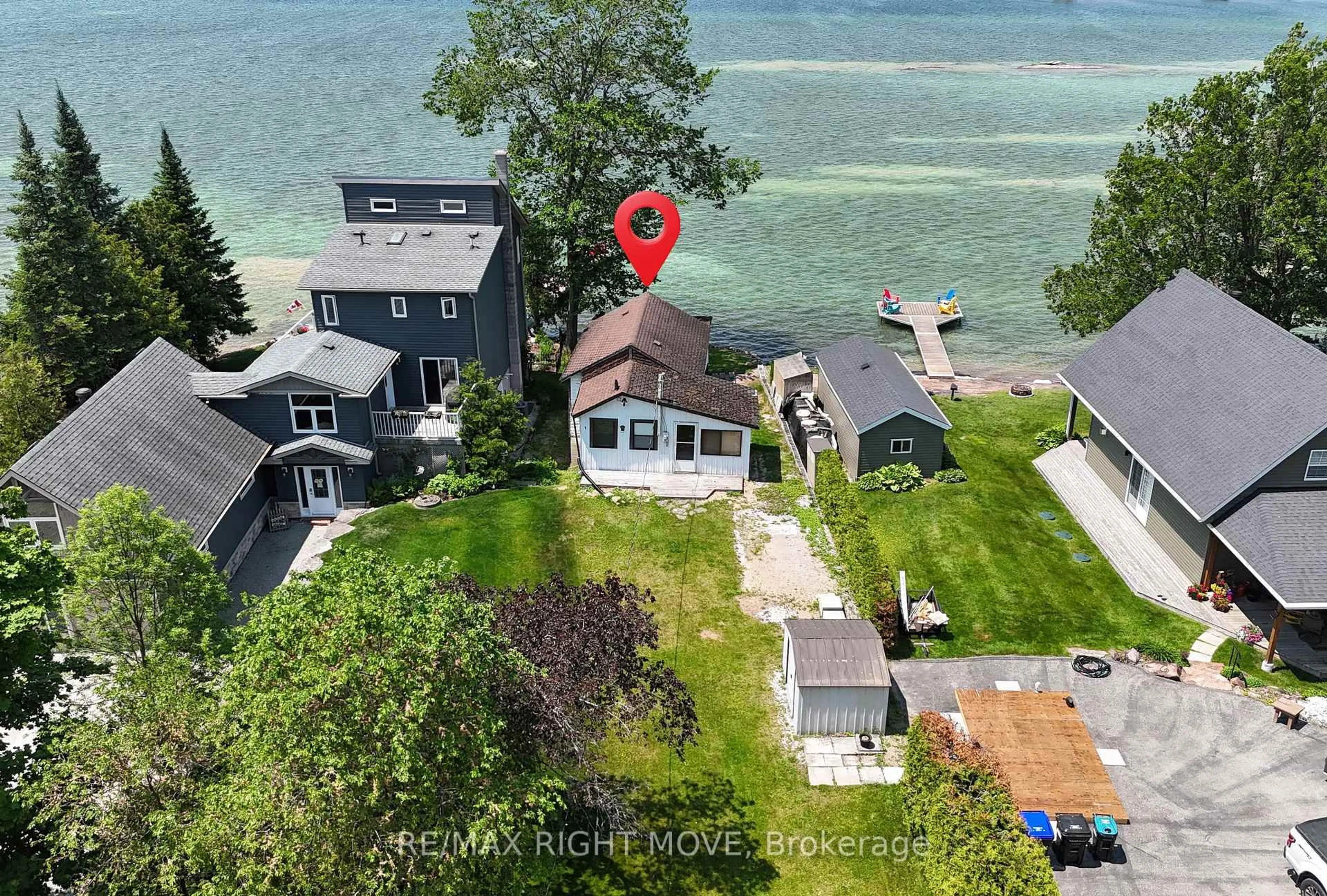 A pic from outside/outdoor area/front of a property/back of a property/a pic from drone, water/lake/river/ocean view for 7682 Oak Point Rd, Ramara Ontario L0K 2B0