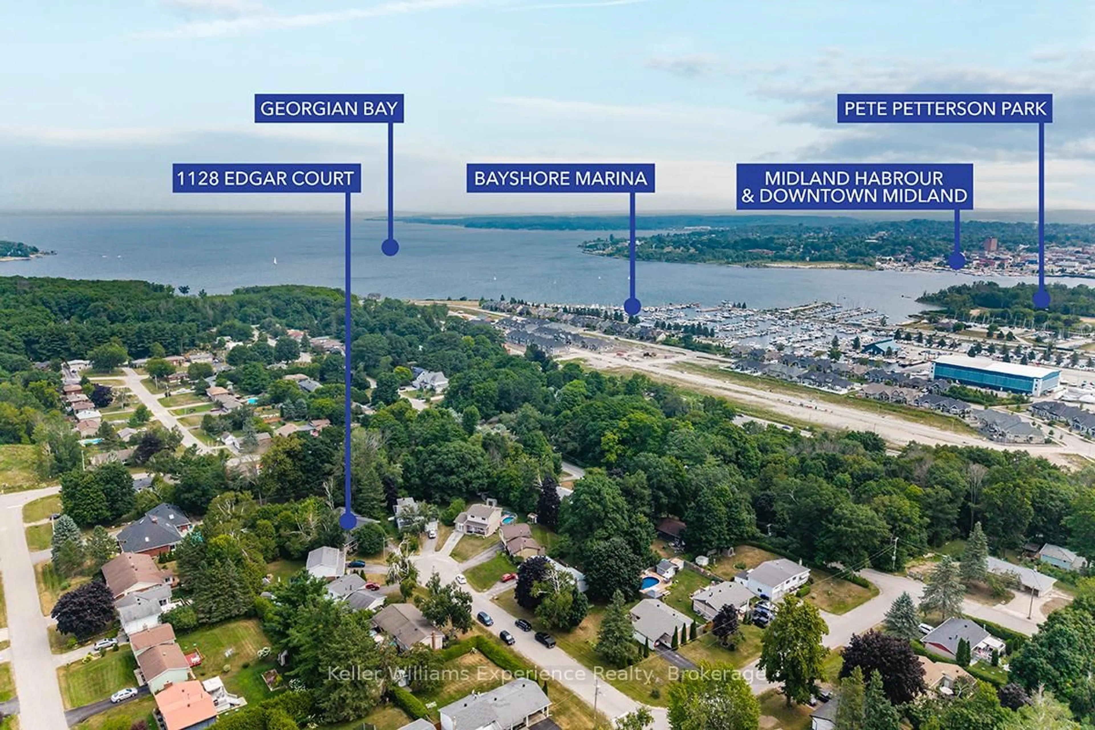A pic from outside/outdoor area/front of a property/back of a property/a pic from drone, water/lake/river/ocean view for 1128 Edgar Crt, Midland Ontario L4R 5J1