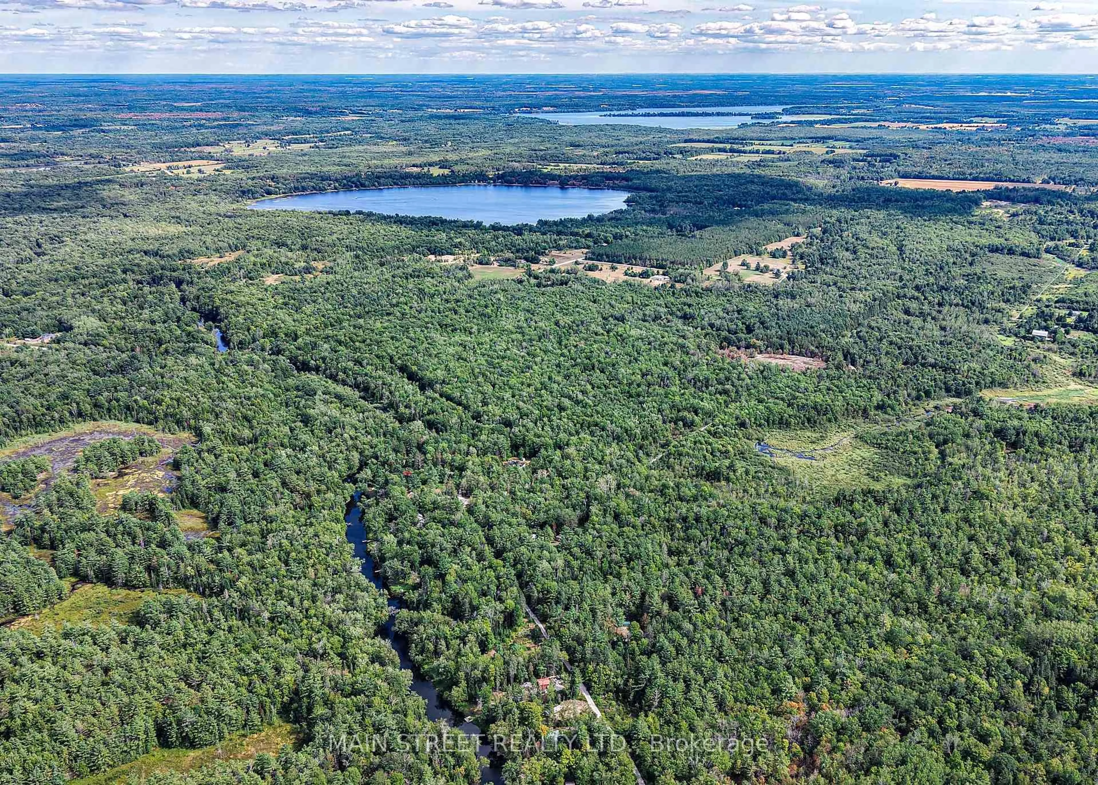 A pic from outside/outdoor area/front of a property/back of a property/a pic from drone, forest/trees view for 6583 Pioneer Village Lane, Ramara Ontario L0K 1W0