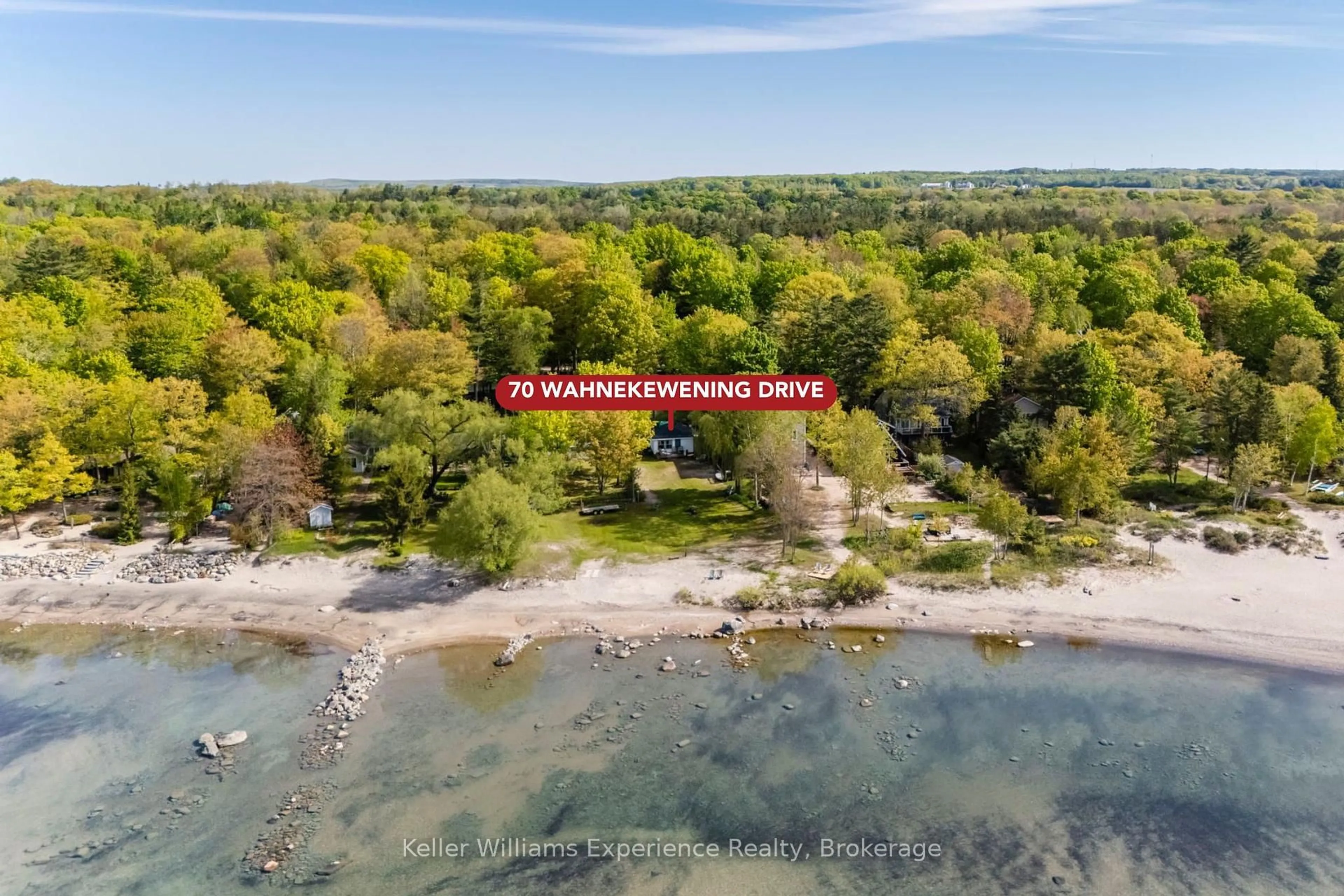 A pic from outside/outdoor area/front of a property/back of a property/a pic from drone, water/lake/river/ocean view for 70 Wahnekewening Dr, Tiny Ontario L9M 0N3