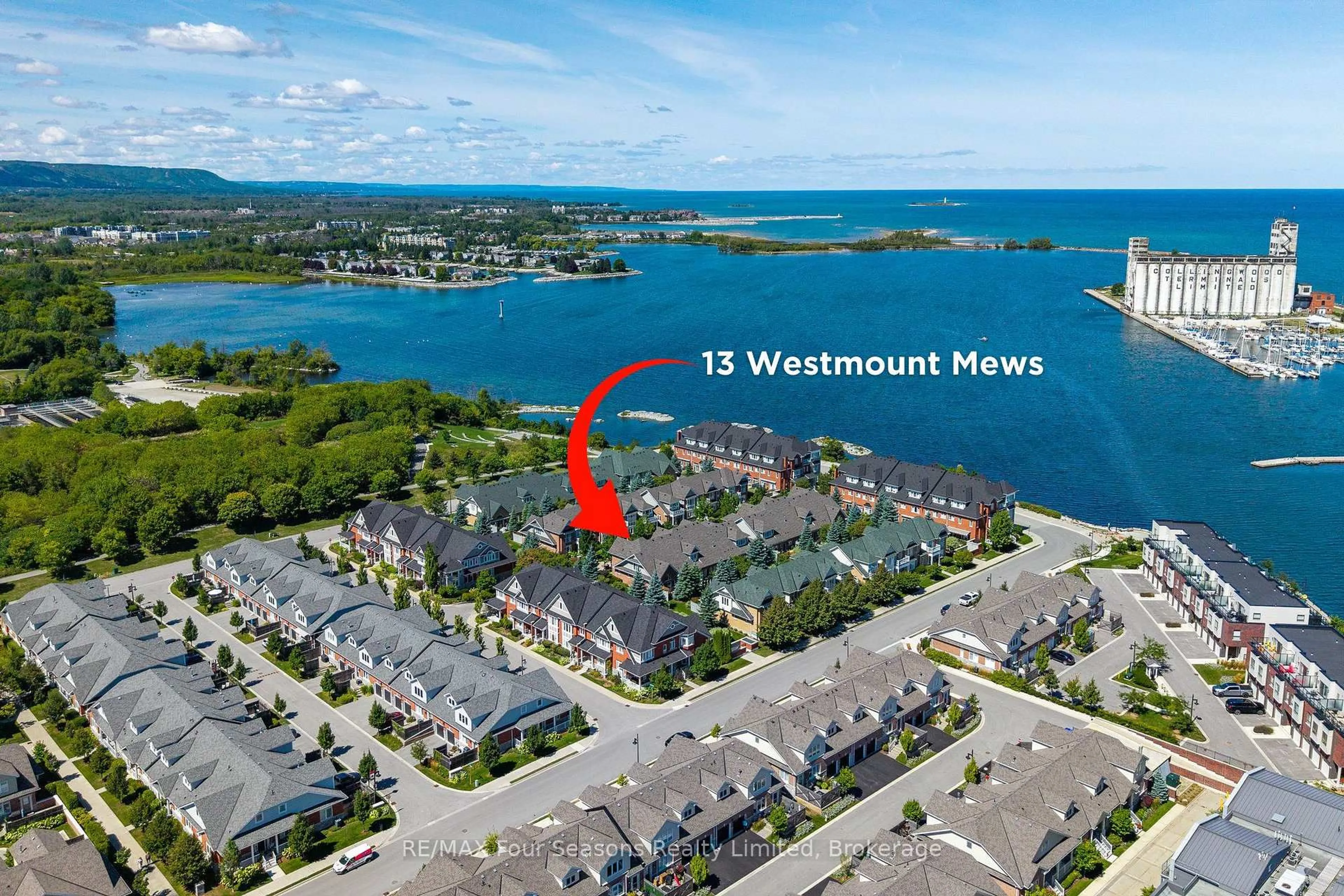 A pic from outside/outdoor area/front of a property/back of a property/a pic from drone, water/lake/river/ocean view for 13 Westmount Mews, Collingwood Ontario L9Y 0J9