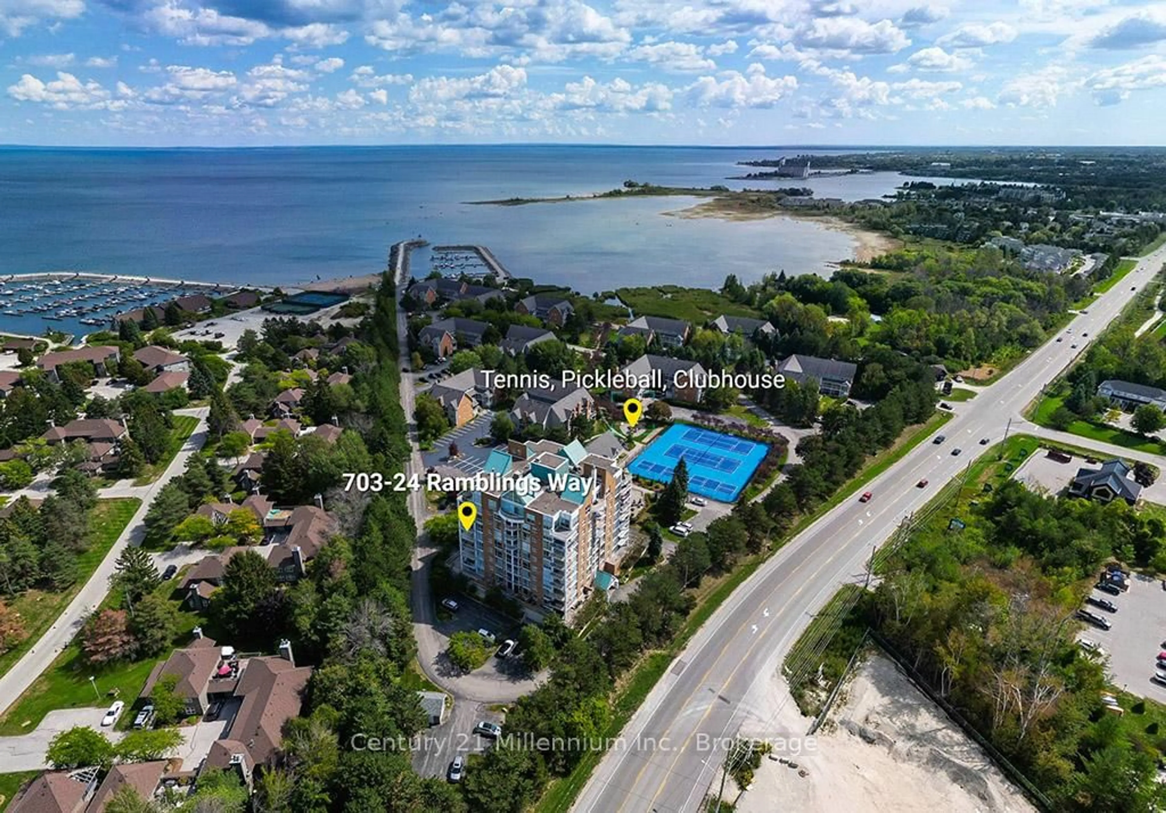 A pic from outside/outdoor area/front of a property/back of a property/a pic from drone, water/lake/river/ocean view for 24 Ramblings Way #703, Collingwood Ontario L9Y 5C6