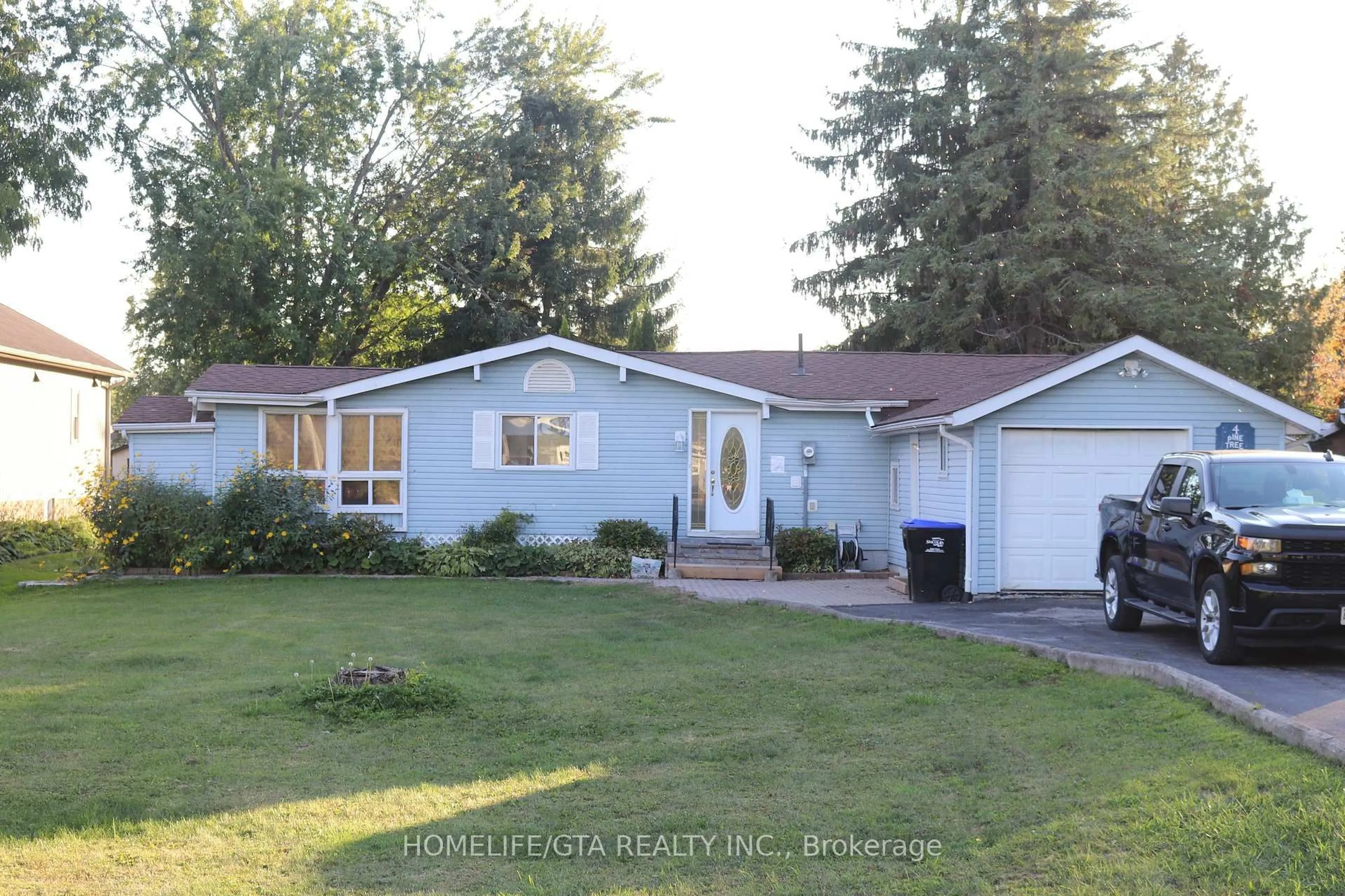 Home with vinyl exterior material, street for 4 Pinetree Crt, Ramara Ontario L0K 1B0