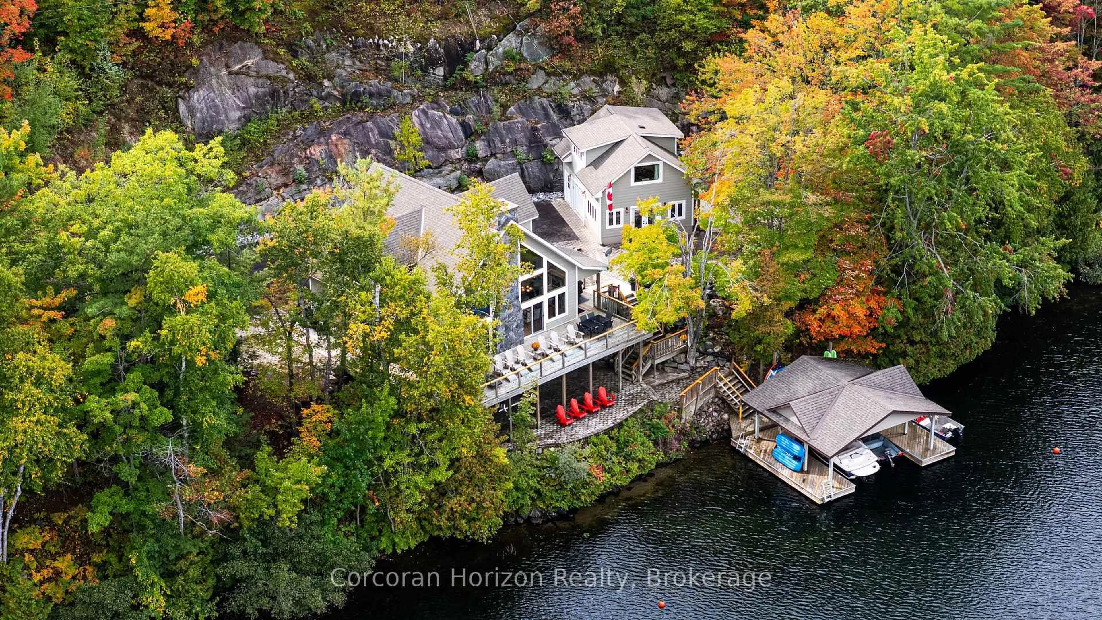 A pic from outside/outdoor area/front of a property/back of a property/a pic from drone, water/lake/river/ocean view for 1481 Emily Lane, Severn Ontario L0K 1E0