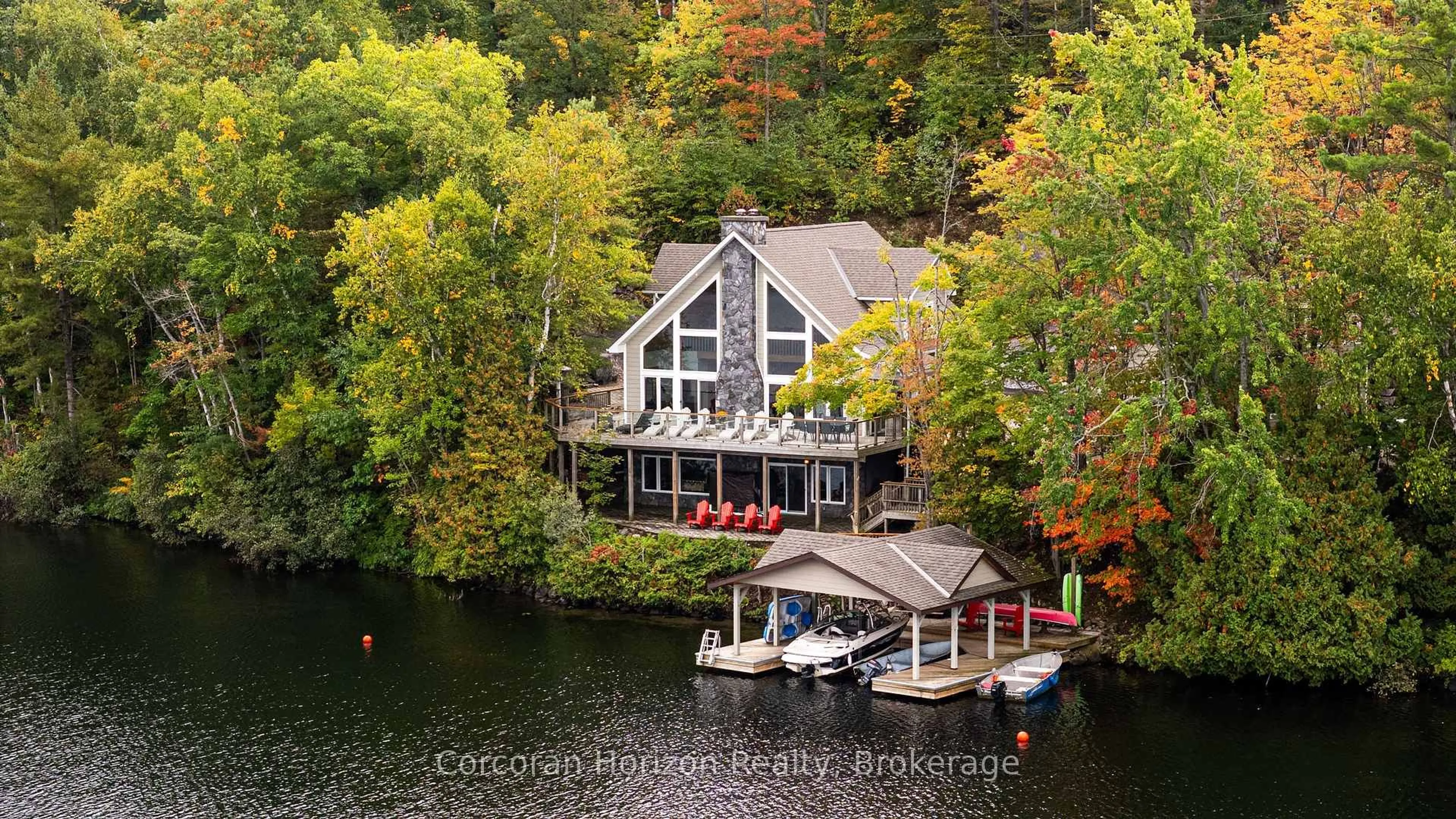A pic from outside/outdoor area/front of a property/back of a property/a pic from drone, water/lake/river/ocean view for 1481 Emily Lane, Severn Ontario L0K 1E0