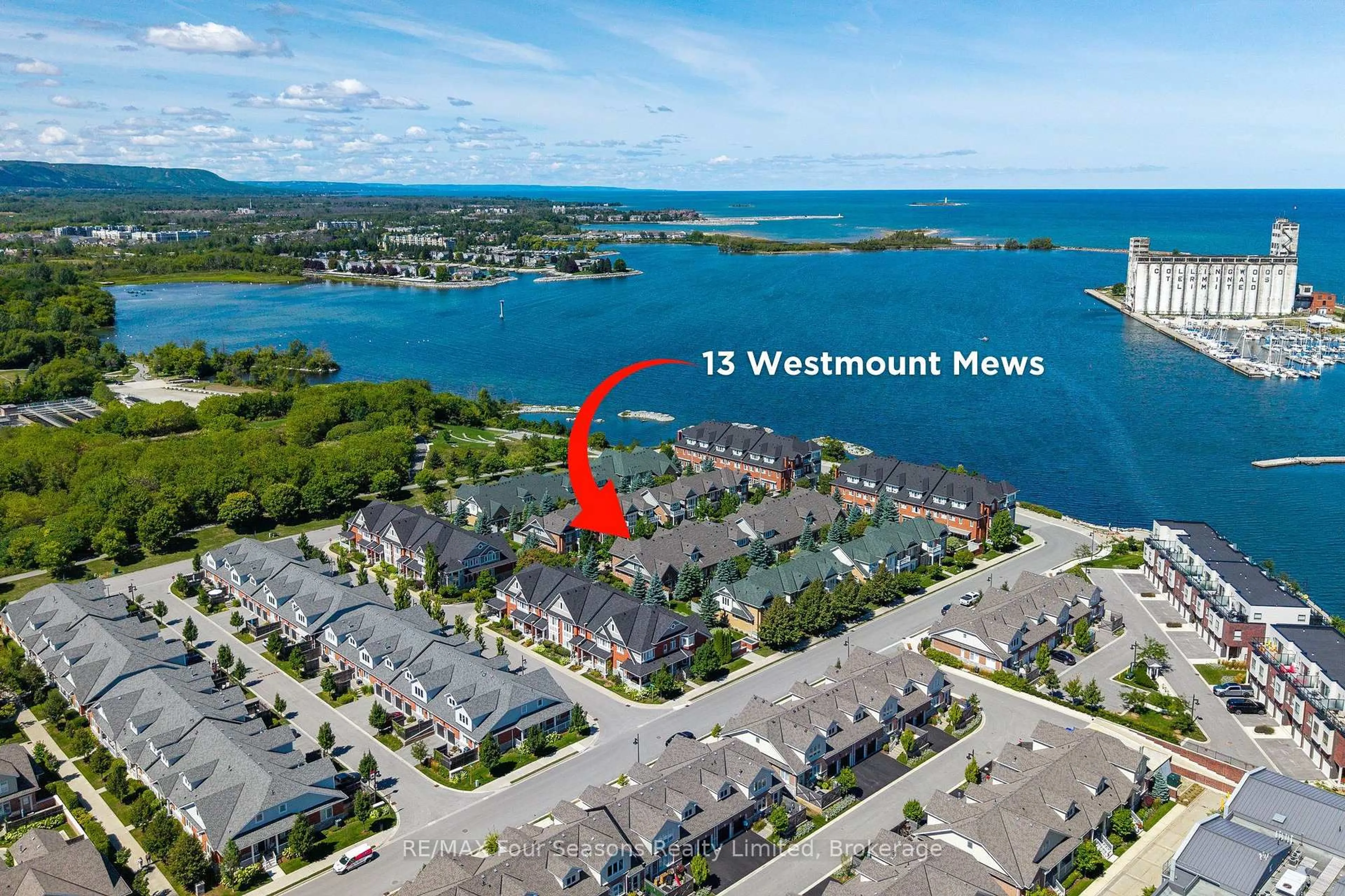 A pic from outside/outdoor area/front of a property/back of a property/a pic from drone, water/lake/river/ocean view for 13 Westmount Mews, Collingwood Ontario L9Y 0J9