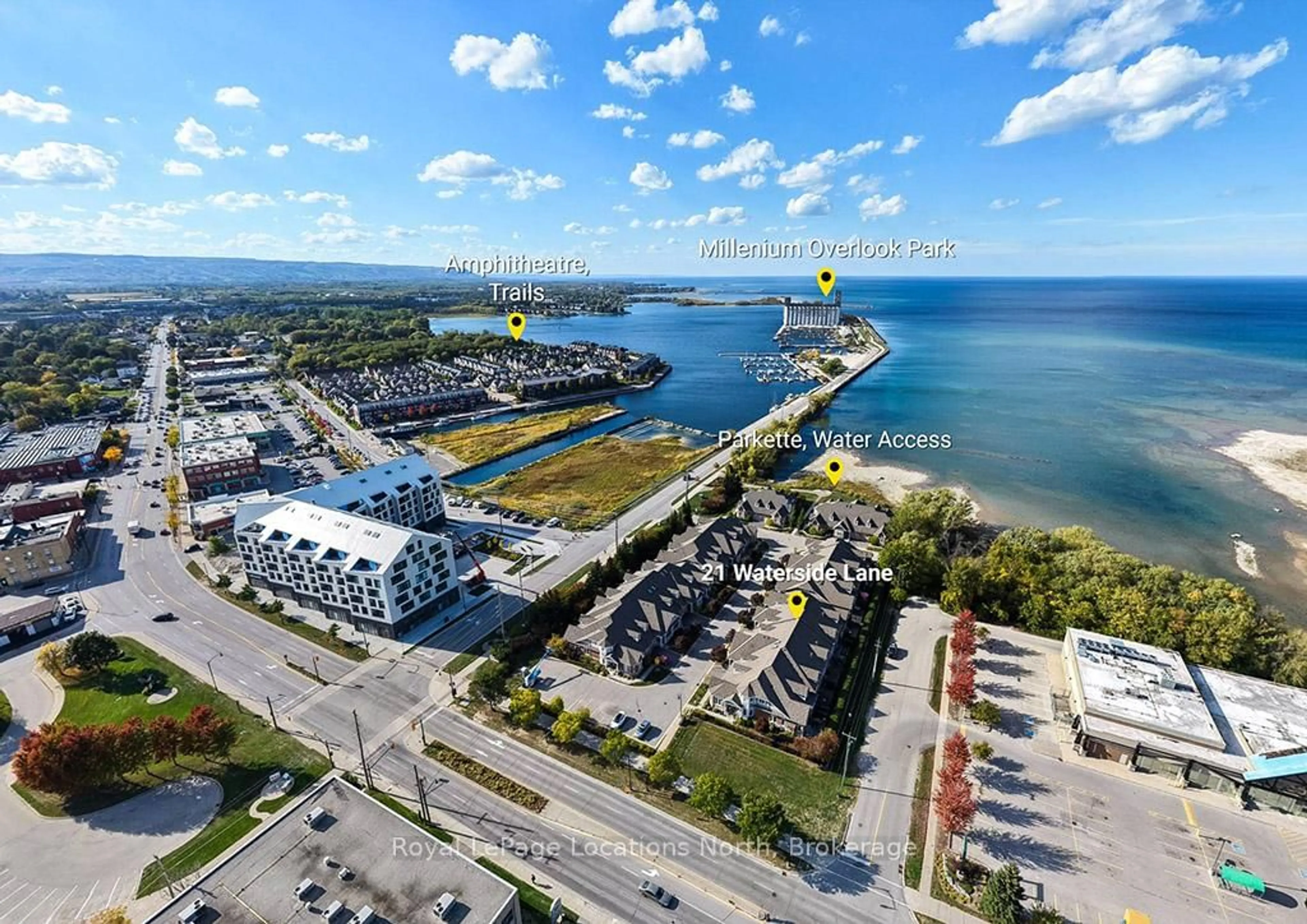 A pic from outside/outdoor area/front of a property/back of a property/a pic from drone, water/lake/river/ocean view for 21 Waterside Lane, Collingwood Ontario L9Y 0E8