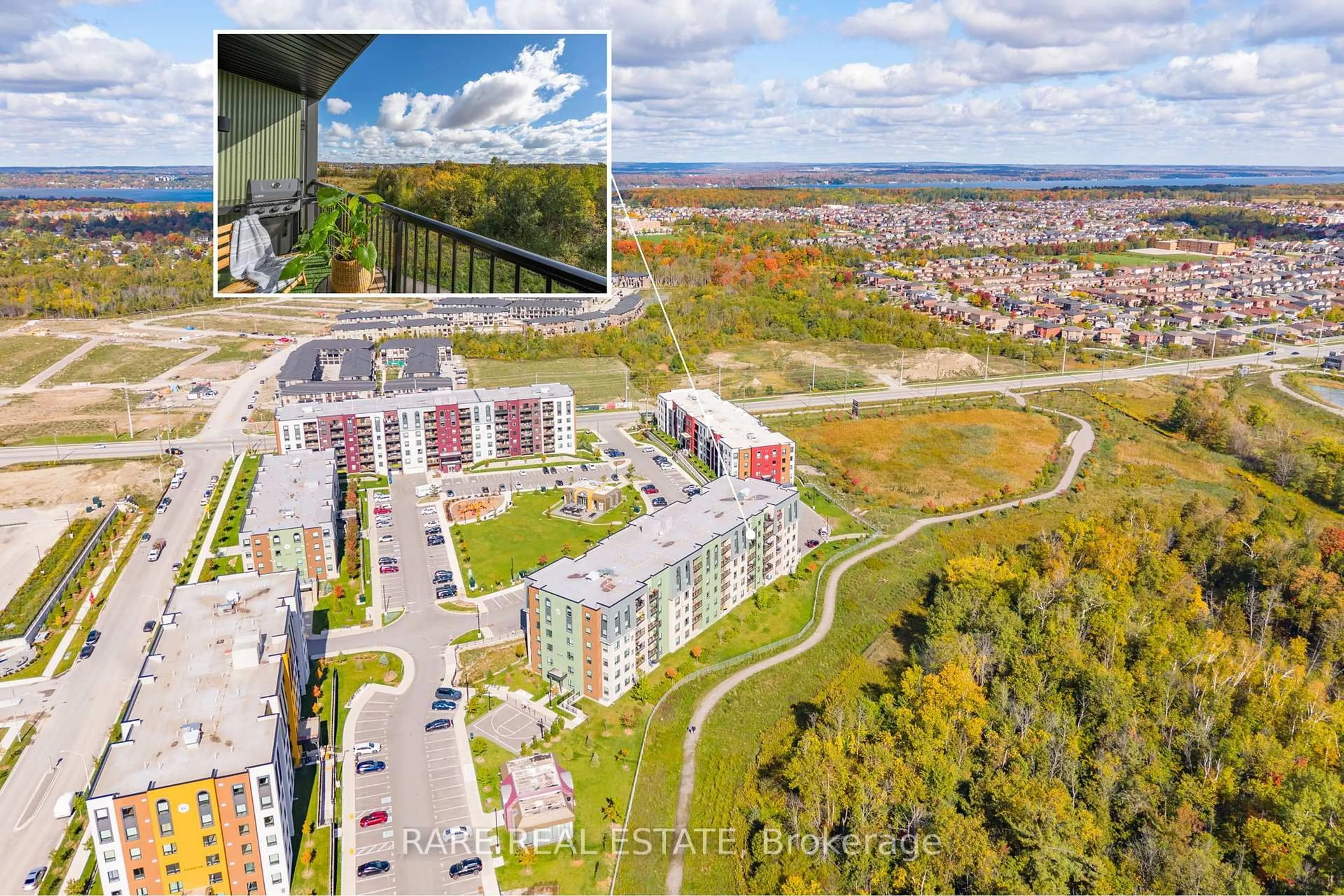 A pic from outside/outdoor area/front of a property/back of a property/a pic from drone, city buildings view from balcony for 5 Chef Lane #506, Barrie Ontario L9J 0J8