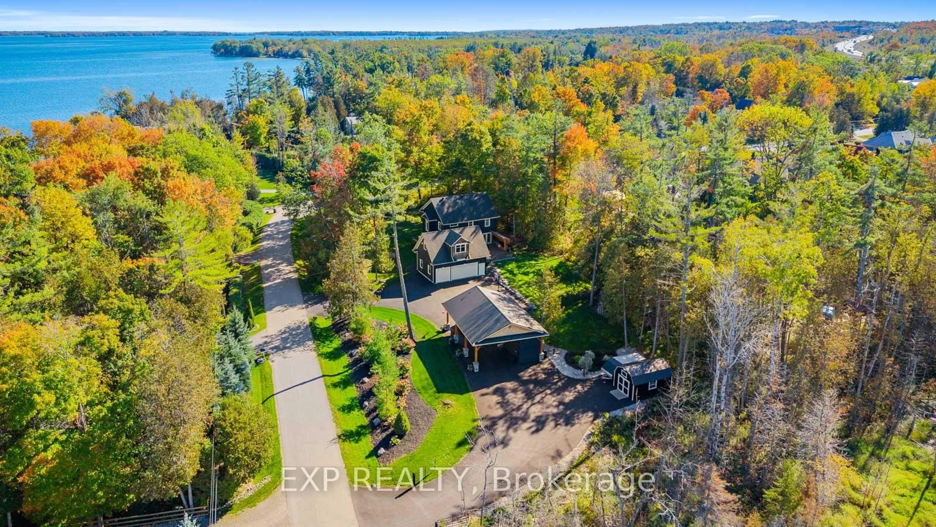 A pic from outside/outdoor area/front of a property/back of a property/a pic from drone, water/lake/river/ocean view for 4146 Forest Wood Dr, Severn Ontario L3V 6H3