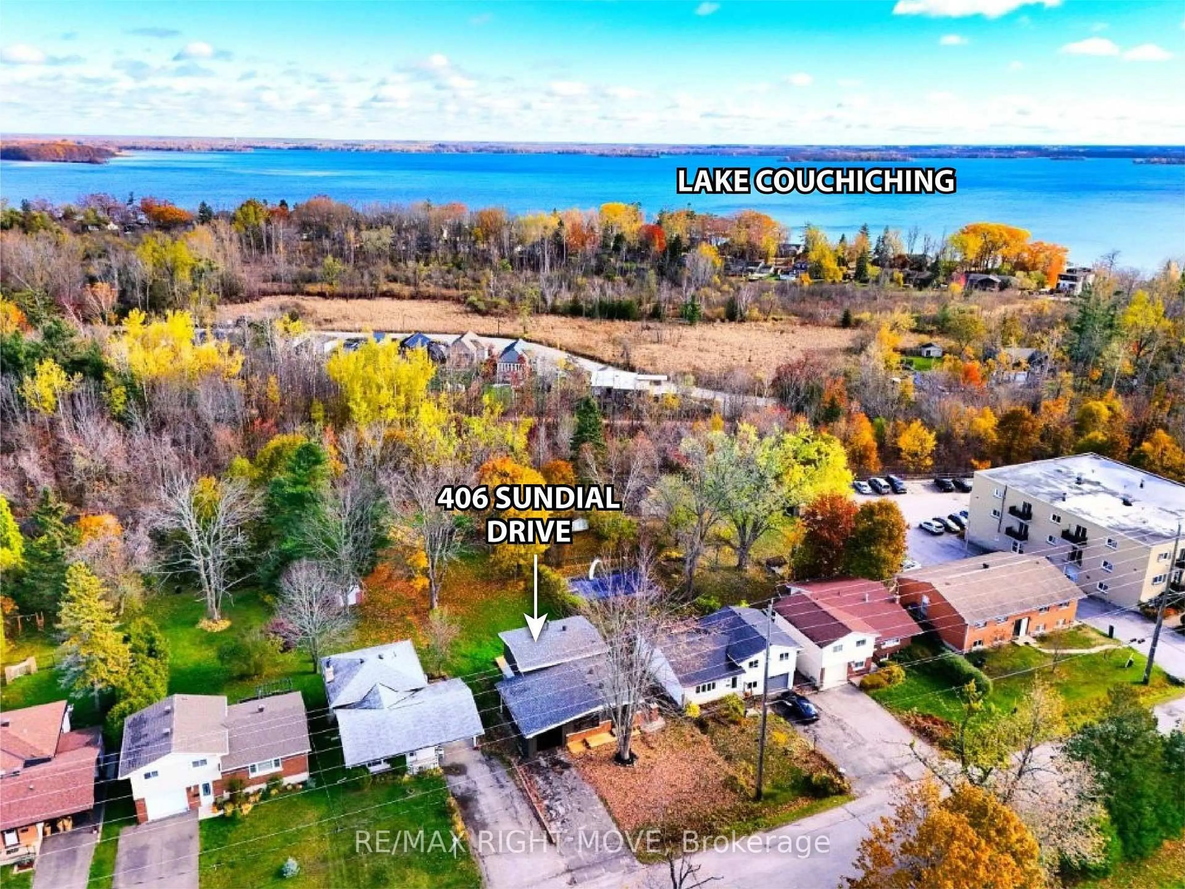 A pic from outside/outdoor area/front of a property/back of a property/a pic from drone, water/lake/river/ocean view for 406 Sundial Dr, Orillia Ontario L3V 4A6