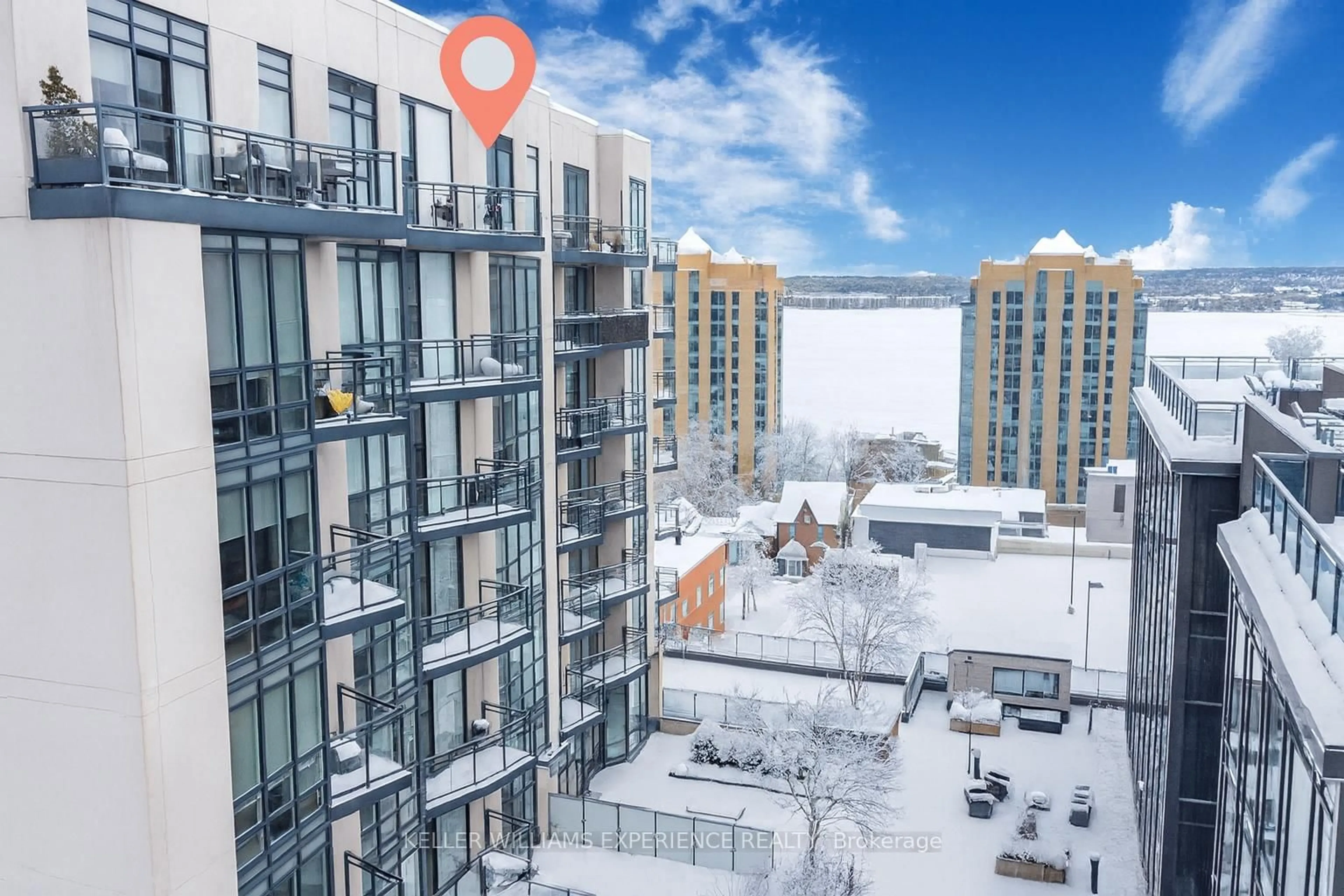 A pic from outside/outdoor area/front of a property/back of a property/a pic from drone, city buildings view from balcony for 111 Worsley St #GPH1, Barrie Ontario L4M 0J5