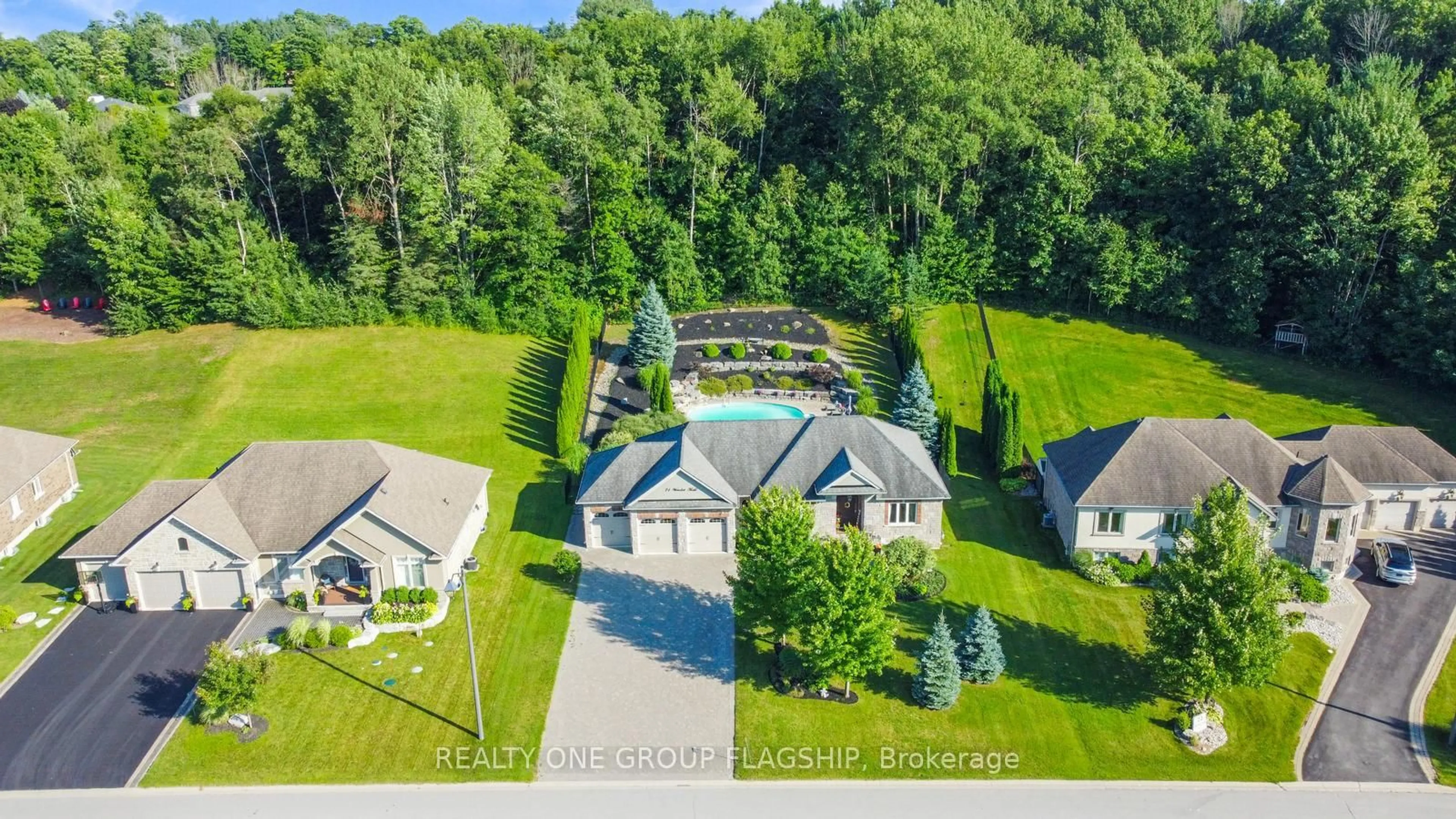 A pic from outside/outdoor area/front of a property/back of a property/a pic from drone, water/lake/river/ocean view for 24 Wendat Tr, Springwater Ontario L4M 6T4