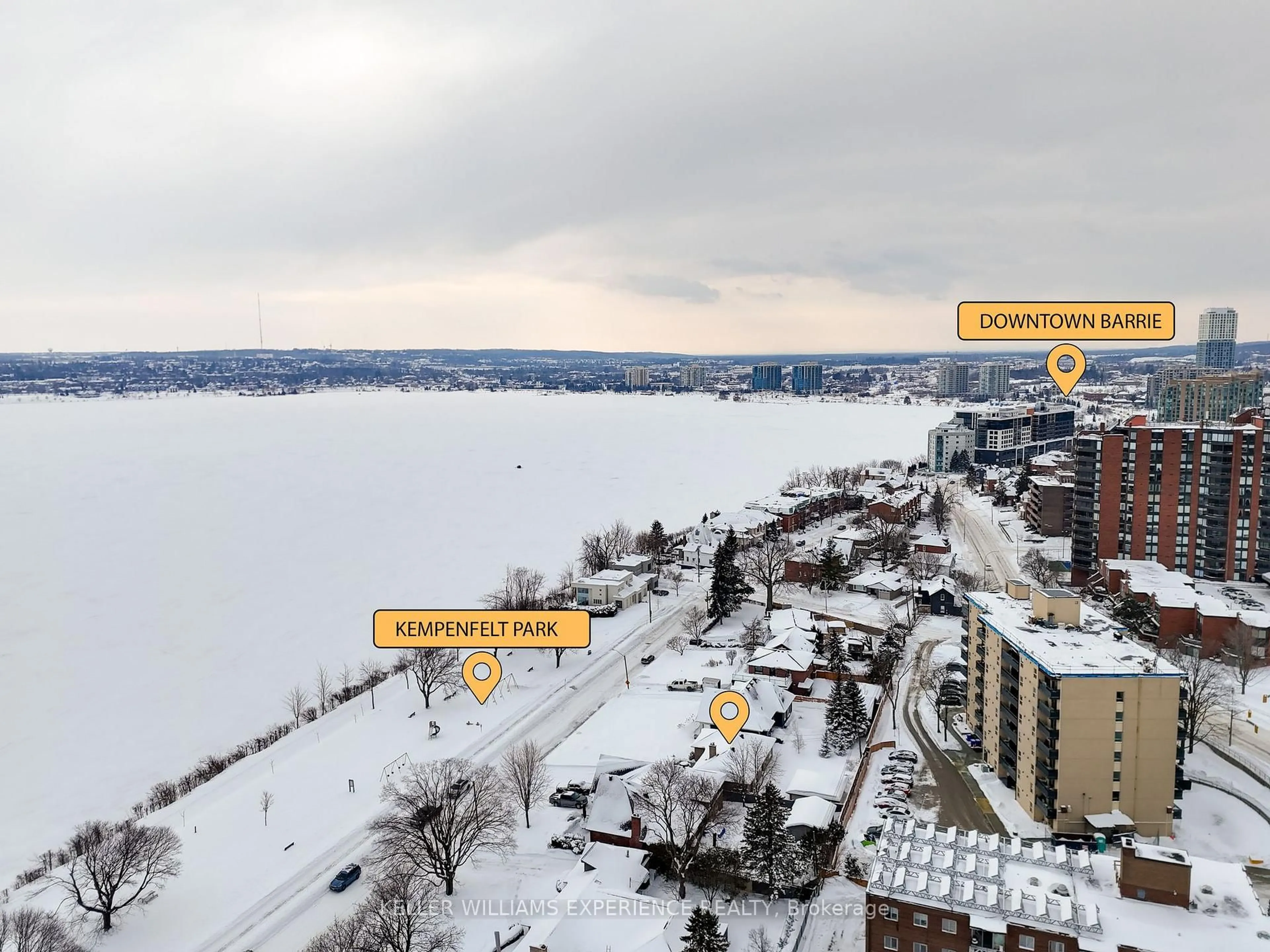 A pic from outside/outdoor area/front of a property/back of a property/a pic from drone, water/lake/river/ocean view for 68 Kempenfelt Dr, Barrie Ontario L4M 1C1