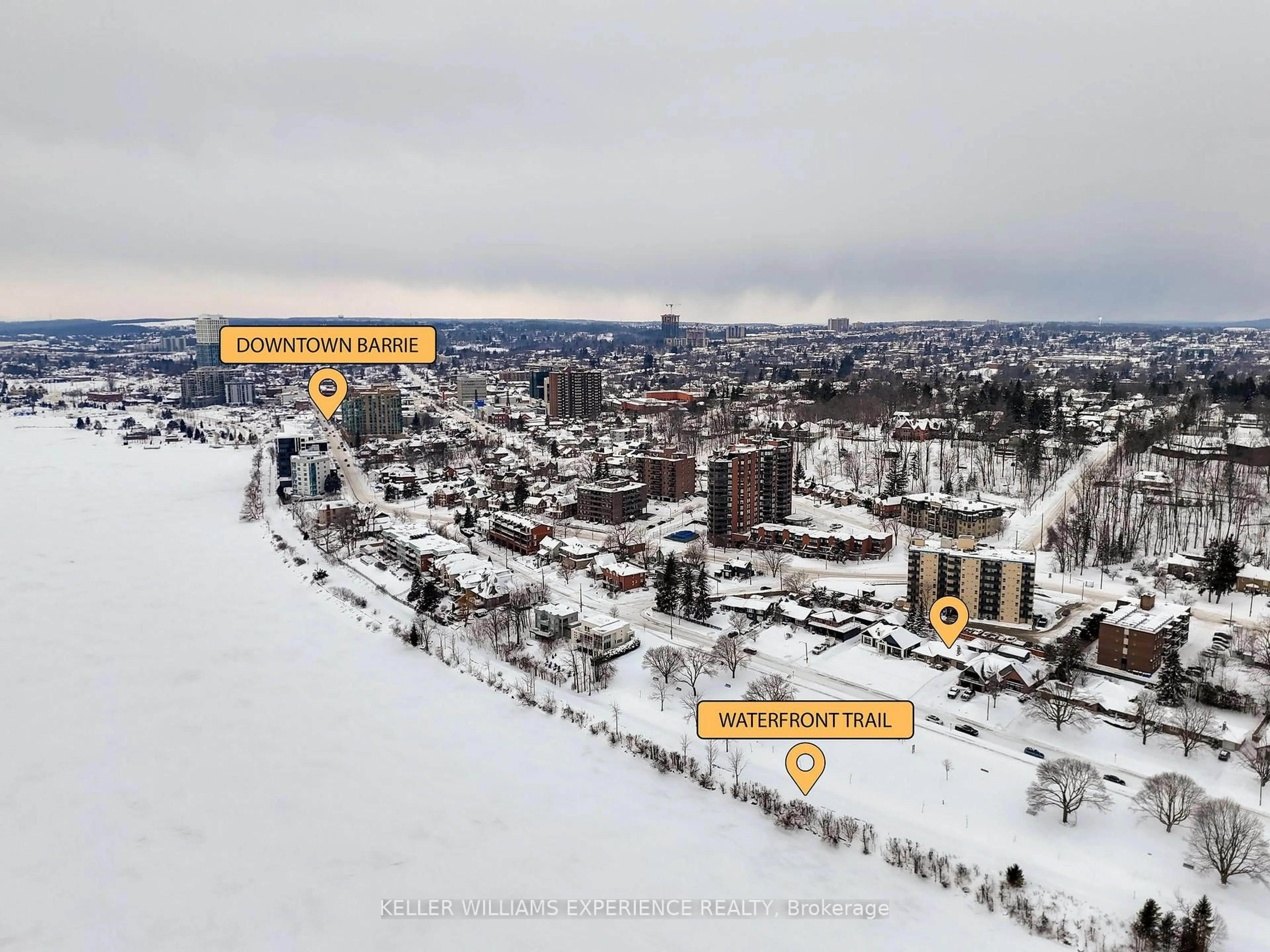 A pic from outside/outdoor area/front of a property/back of a property/a pic from drone, city buildings view from balcony for 68 Kempenfelt Dr, Barrie Ontario L4M 1C1