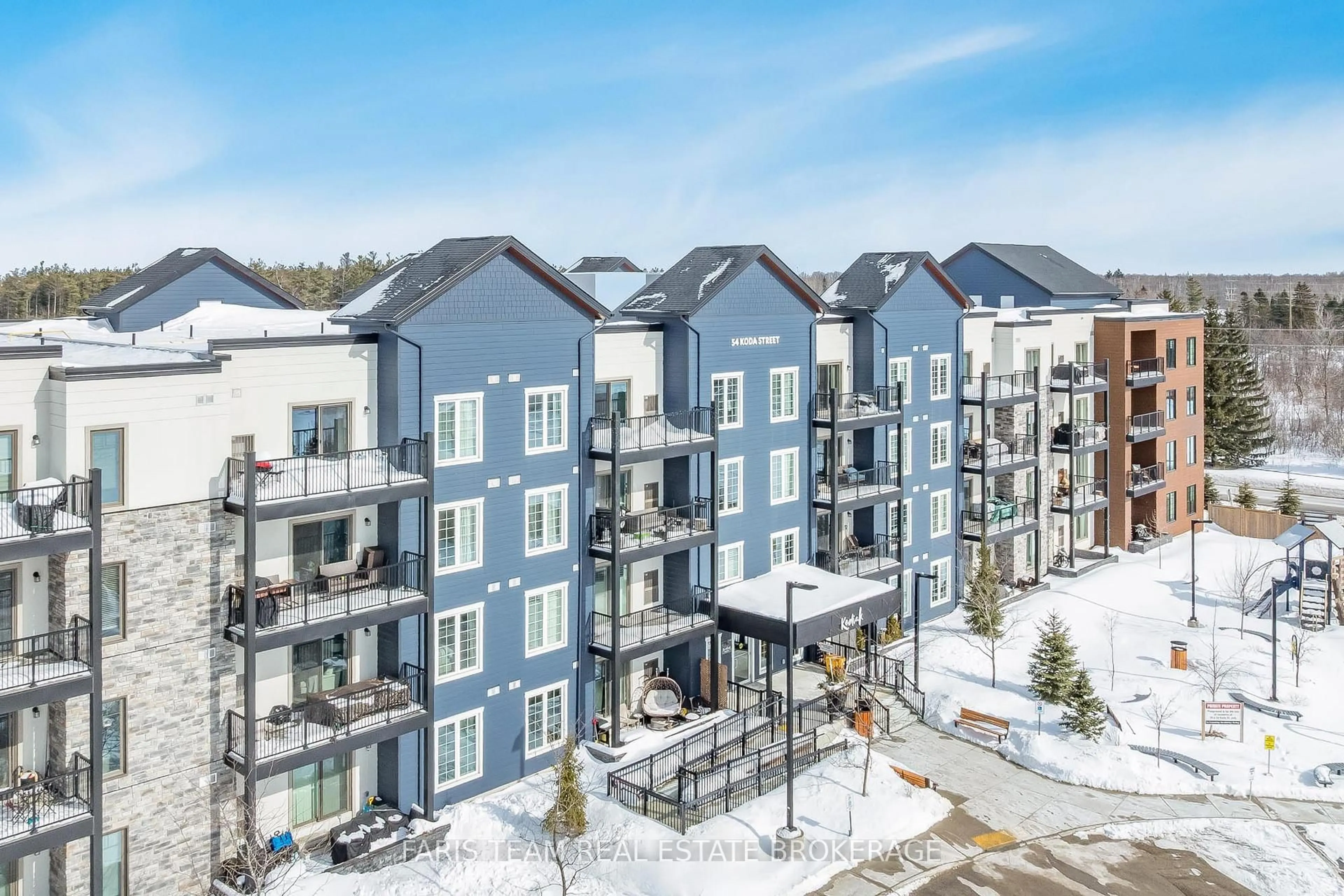 A pic from outside/outdoor area/front of a property/back of a property/a pic from drone, mountain view for 54 Koda St #207, Barrie Ontario L9J 0J6