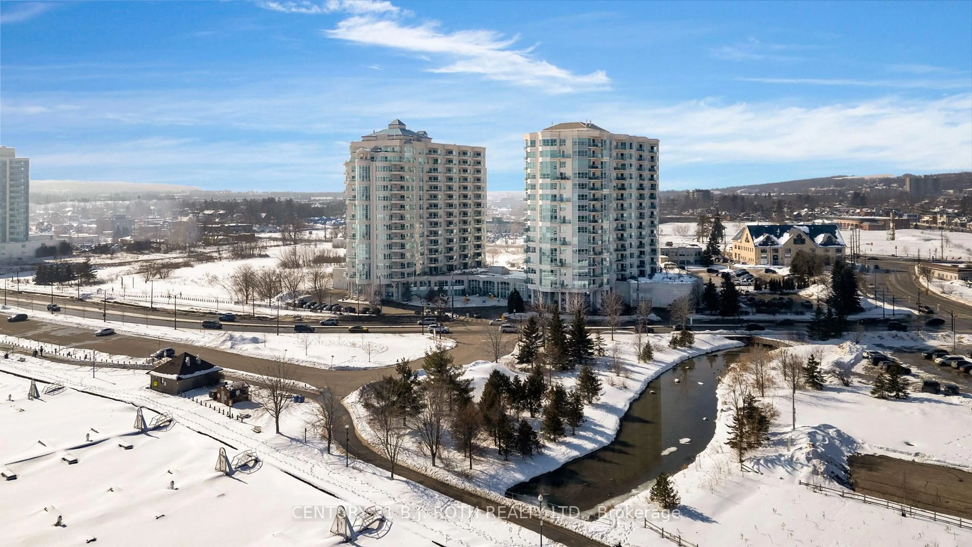 A pic from outside/outdoor area/front of a property/back of a property/a pic from drone, city buildings view from balcony for 2 Toronto St #1402, Barrie Ontario L4N 9R2