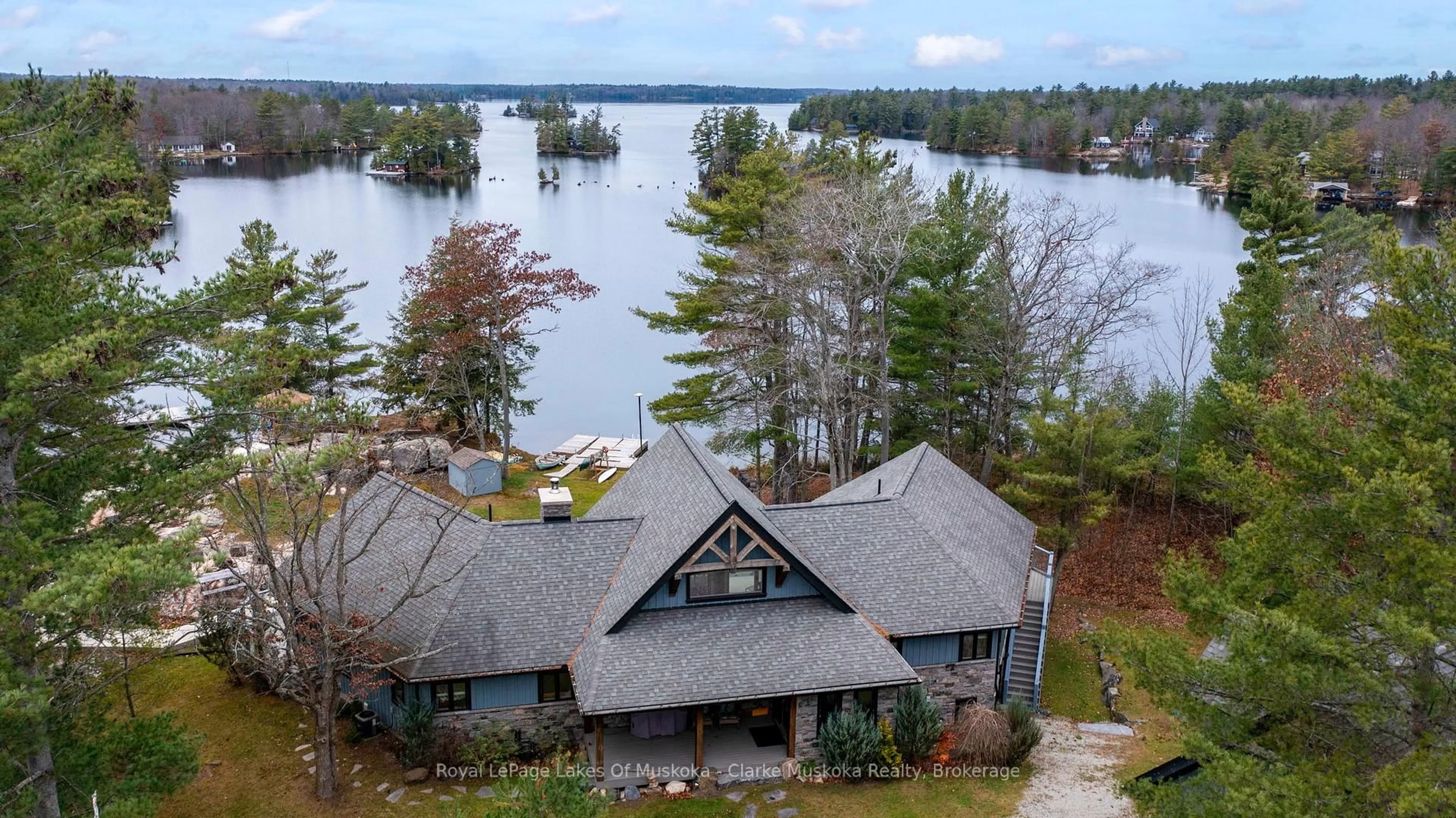 A pic from outside/outdoor area/front of a property/back of a property/a pic from drone, water/lake/river/ocean view for 3298 Seydel Lane, Severn Ontario L0K 1E0