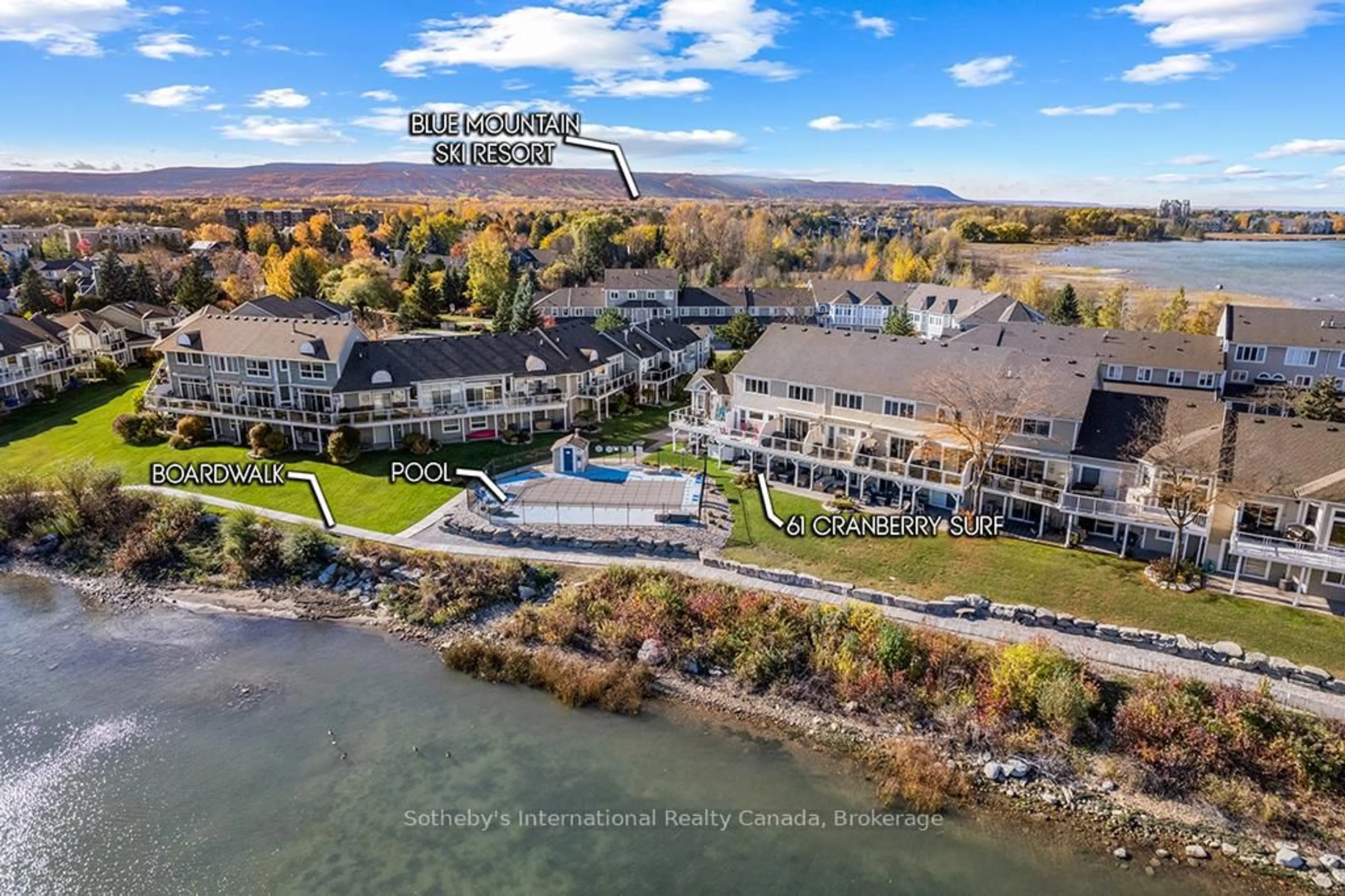 A pic from outside/outdoor area/front of a property/back of a property/a pic from drone, water/lake/river/ocean view for 61 Cranberry Surf, Collingwood Ontario L9Y 5C4