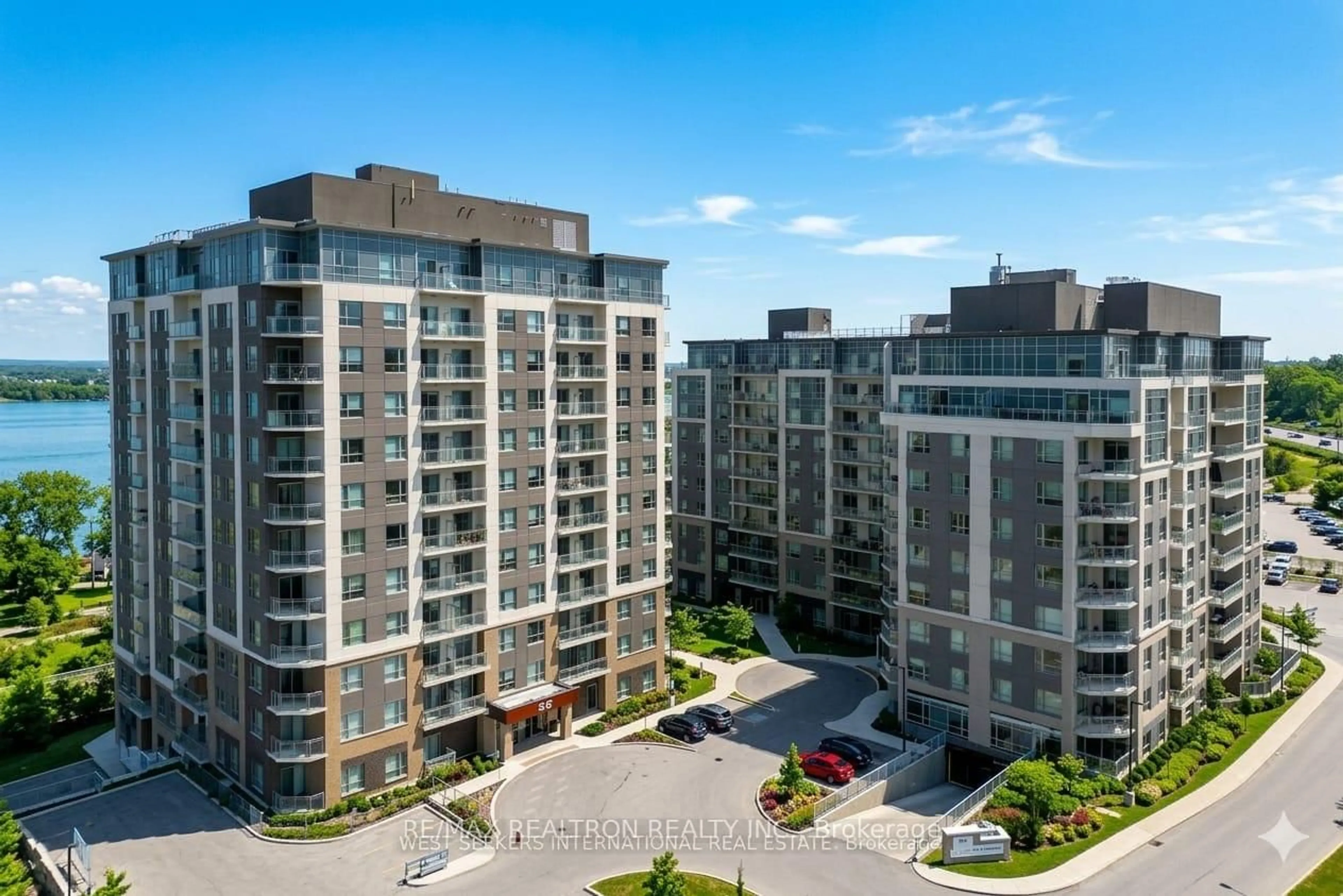 A pic from outside/outdoor area/front of a property/back of a property/a pic from drone, city buildings view from balcony for 56 Lakeside Terr #510, Barrie Ontario L4M 7B9