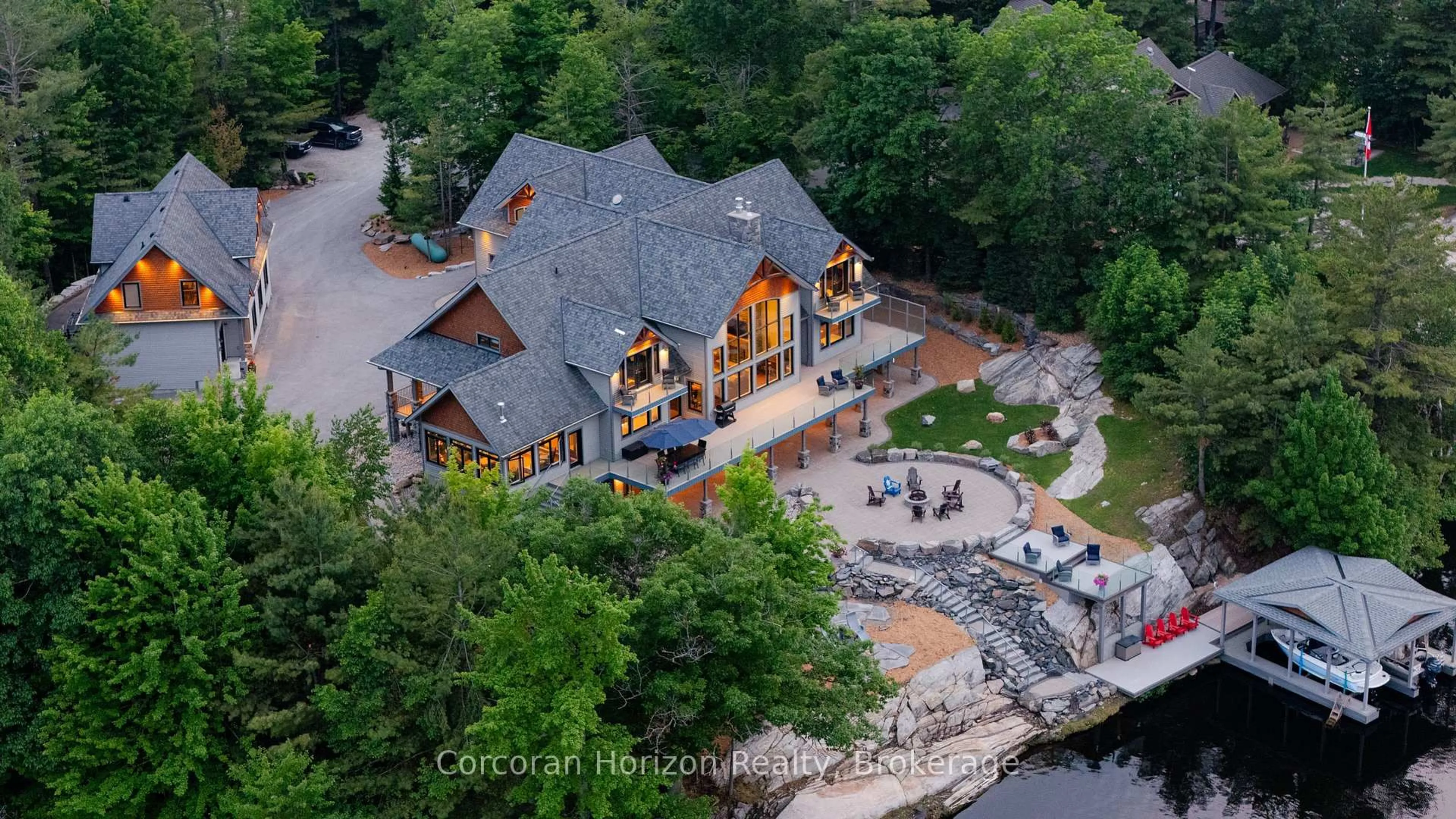 A pic from outside/outdoor area/front of a property/back of a property/a pic from drone, water/lake/river/ocean view for 2249 PILKINGTON Lane, Severn Ontario L0K 2C0