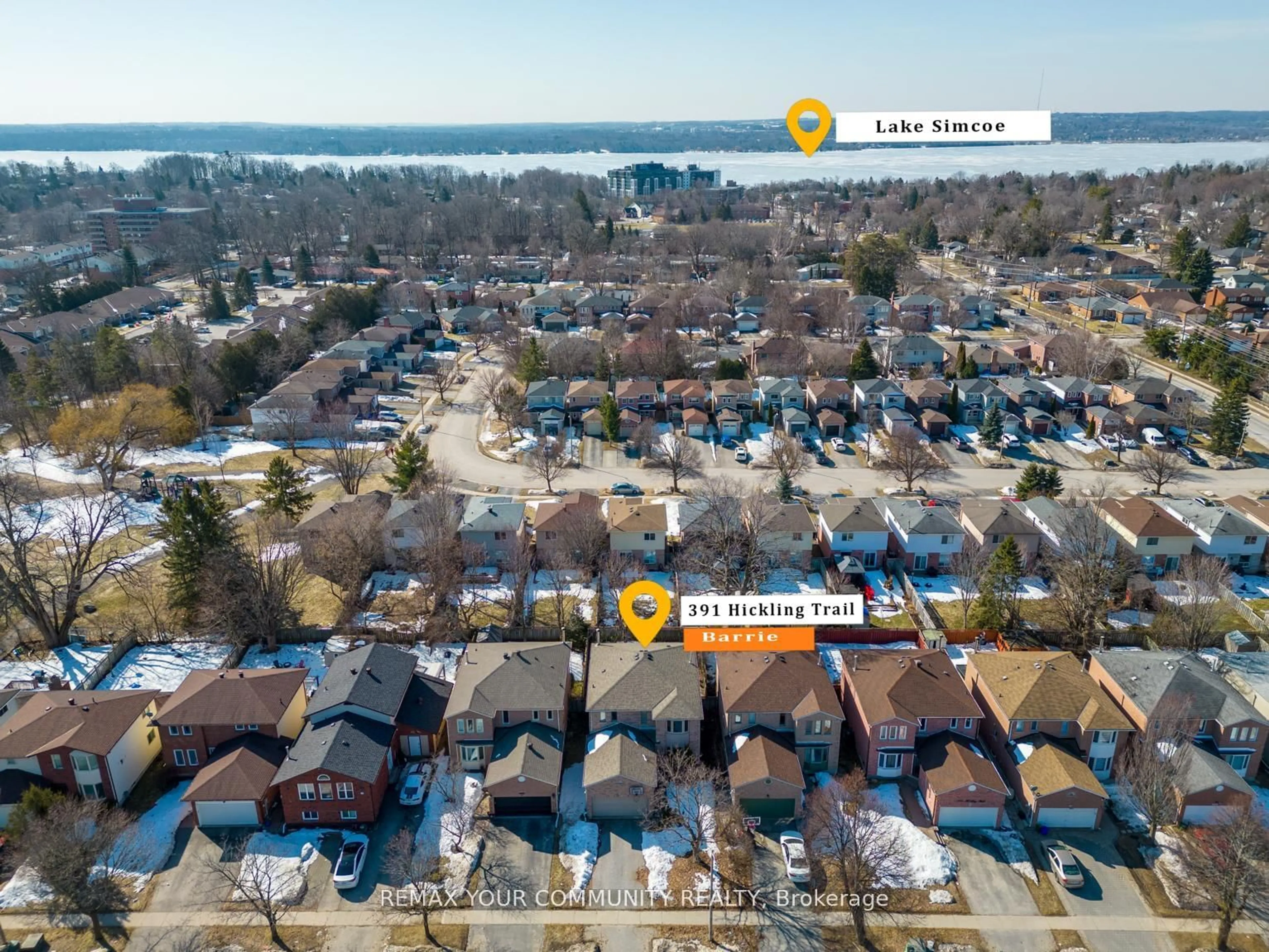 A pic from outside/outdoor area/front of a property/back of a property/a pic from drone, water/lake/river/ocean view for 391 Hickling Tr, Barrie Ontario L4M 6A9