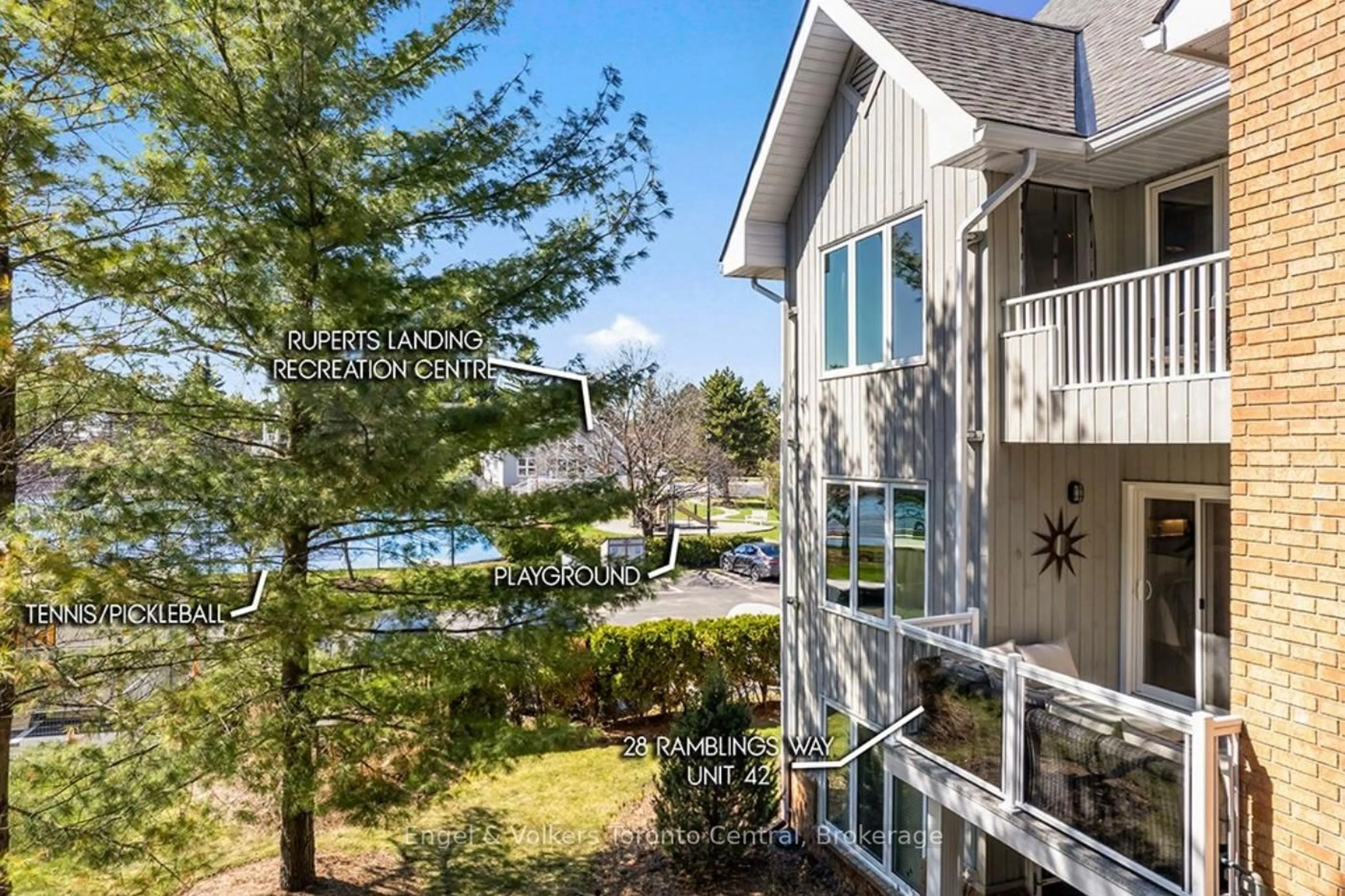 A pic from outside/outdoor area/front of a property/back of a property/a pic from drone, water/lake/river/ocean view for 28 Ramblings Way #42, Collingwood Ontario L9Y 5C6
