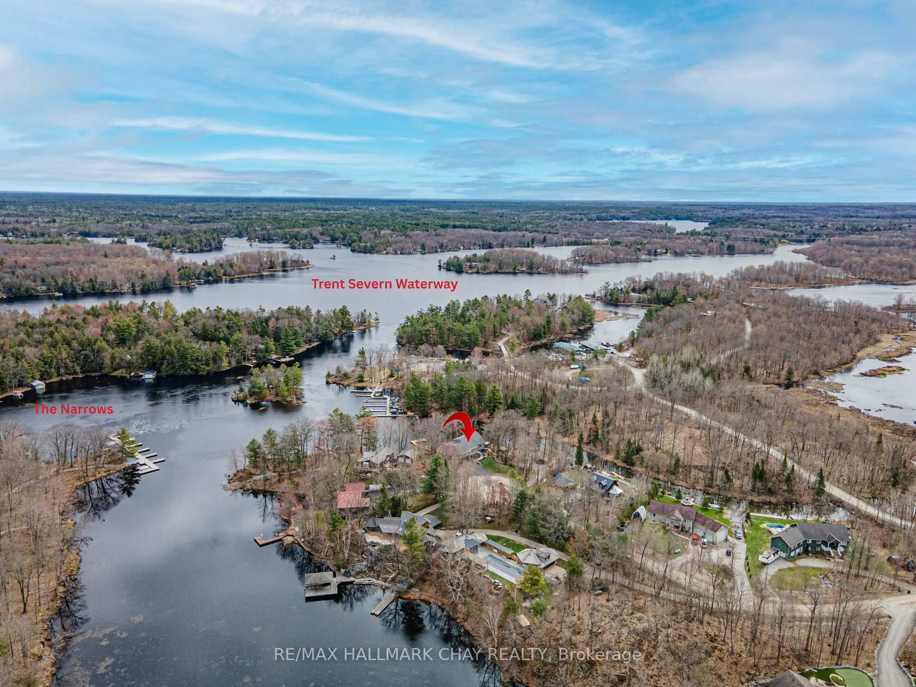 A pic from outside/outdoor area/front of a property/back of a property/a pic from drone, water/lake/river/ocean view for 3285 Rockcliffe Crt, Severn Ontario L0K 1S0