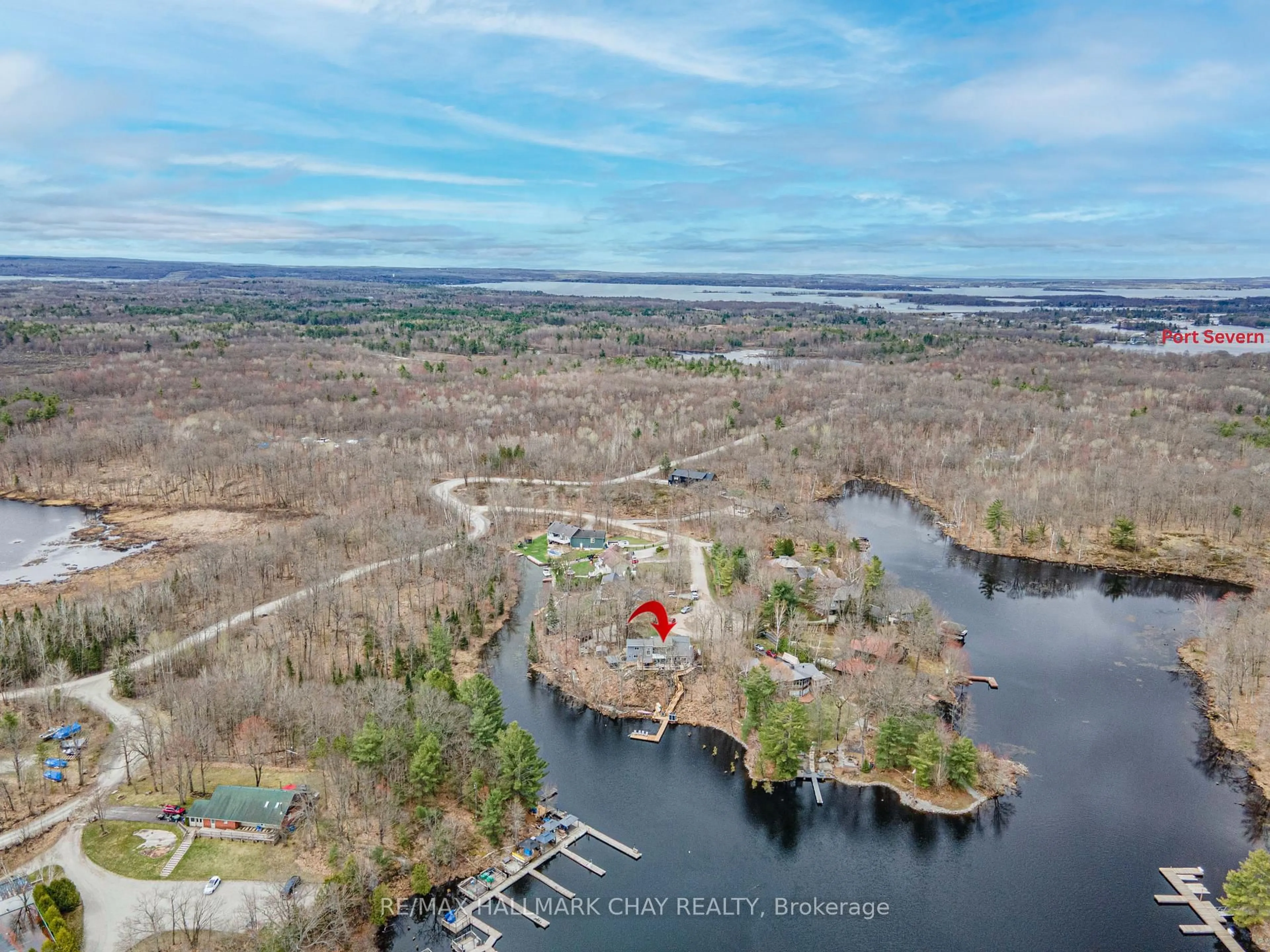 A pic from outside/outdoor area/front of a property/back of a property/a pic from drone, water/lake/river/ocean view for 3285 Rockcliffe Crt, Severn Ontario L0K 1S0