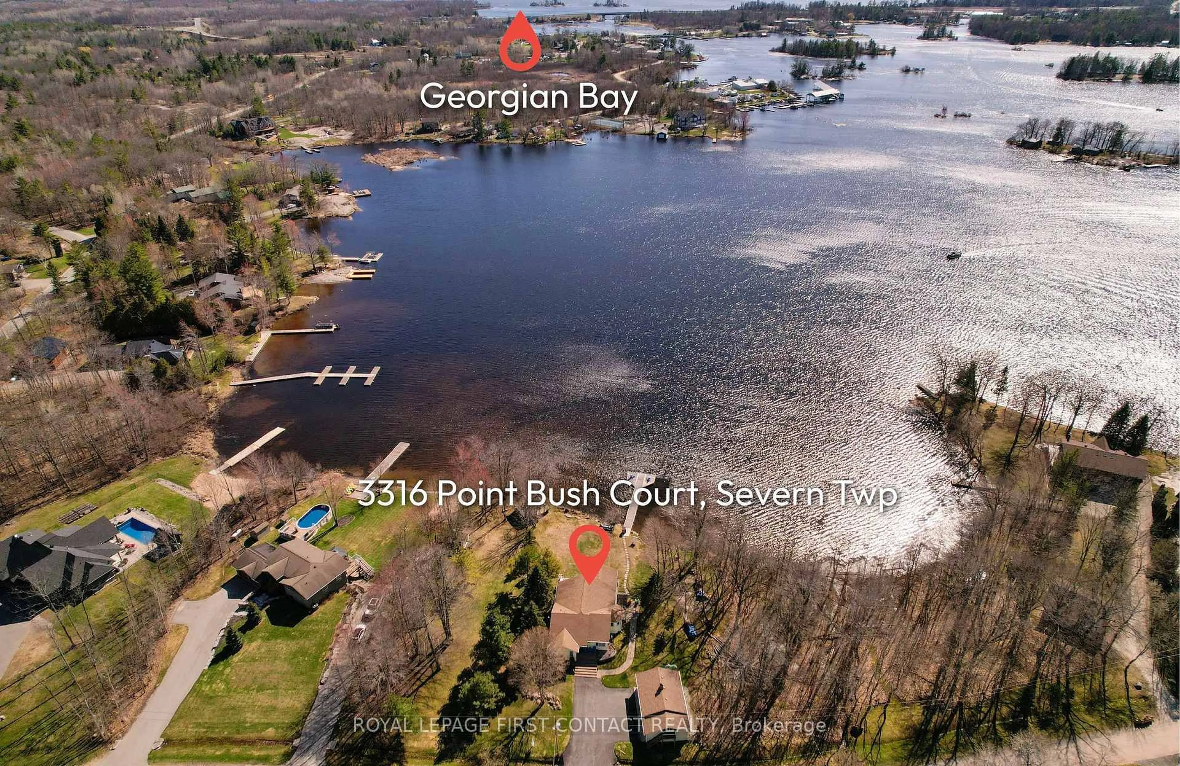 A pic from outside/outdoor area/front of a property/back of a property/a pic from drone, water/lake/river/ocean view for 3316 Point Bush Crt, Severn Ontario L0K 1S0