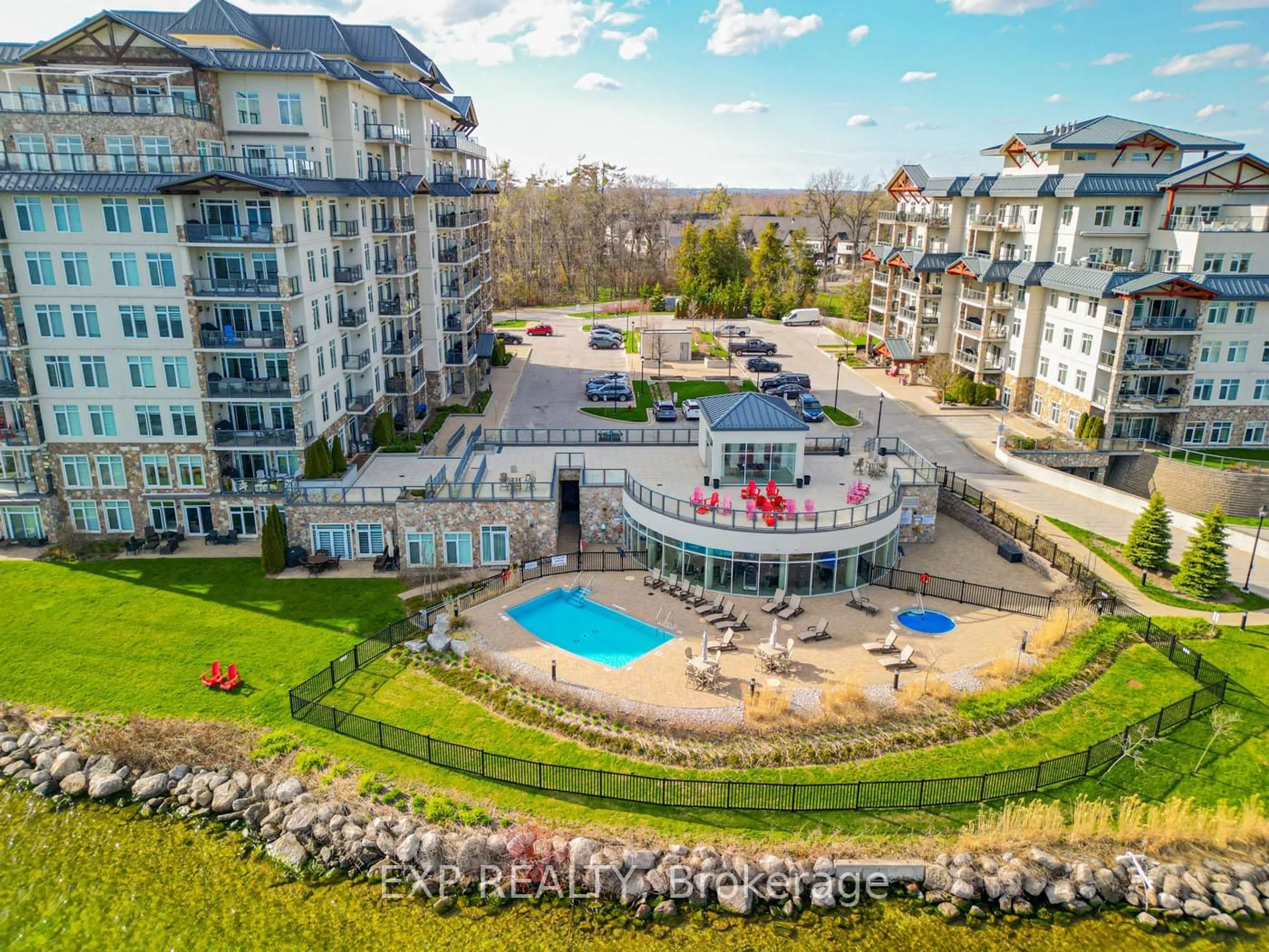 A pic from outside/outdoor area/front of a property/back of a property/a pic from drone, water/lake/river/ocean view for 90 Orchard Point Rd #401, Orillia Ontario L3V 1C3