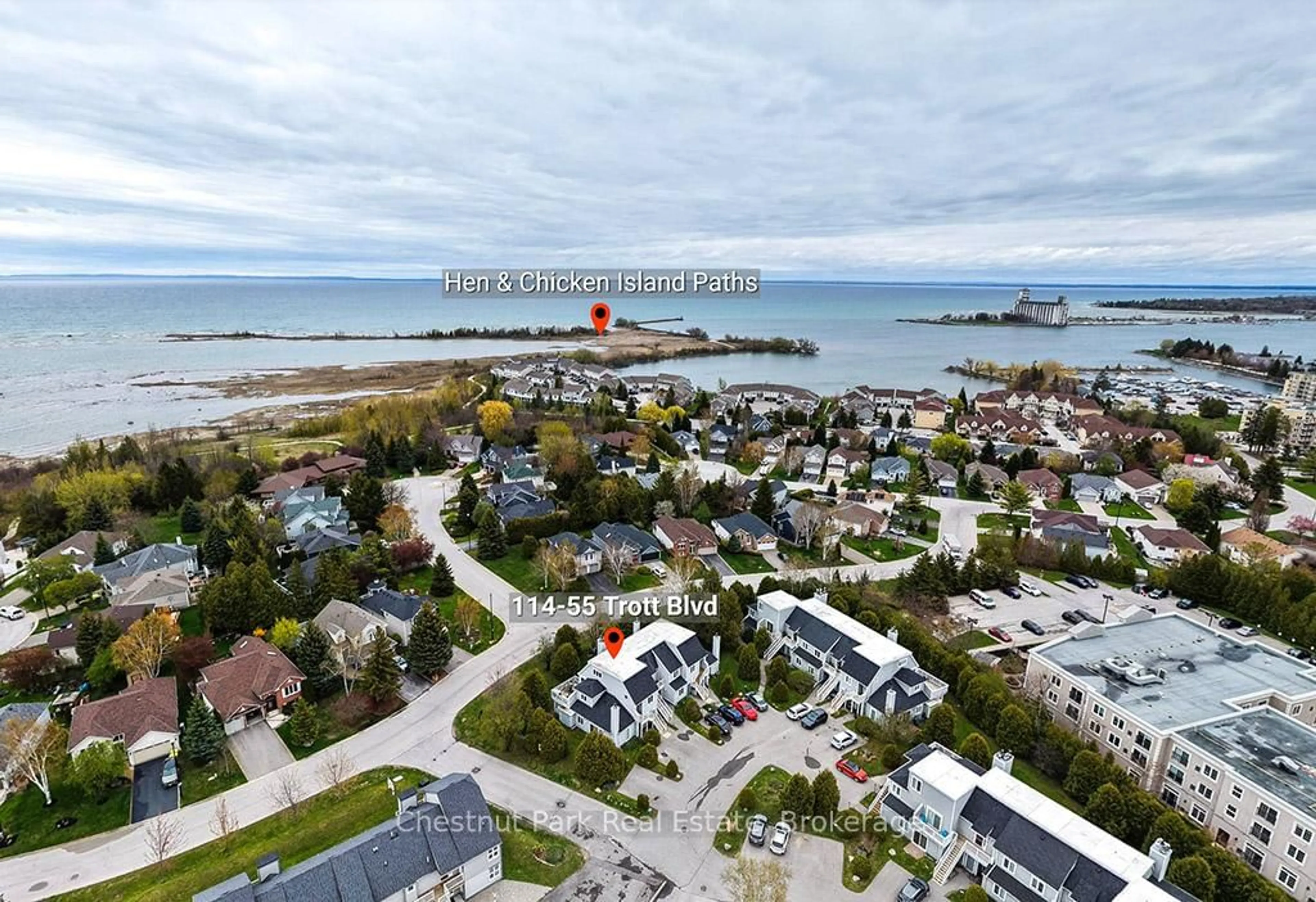 A pic from outside/outdoor area/front of a property/back of a property/a pic from drone, water/lake/river/ocean view for 55 Trott Blvd #114, Collingwood Ontario L9Y 5B8
