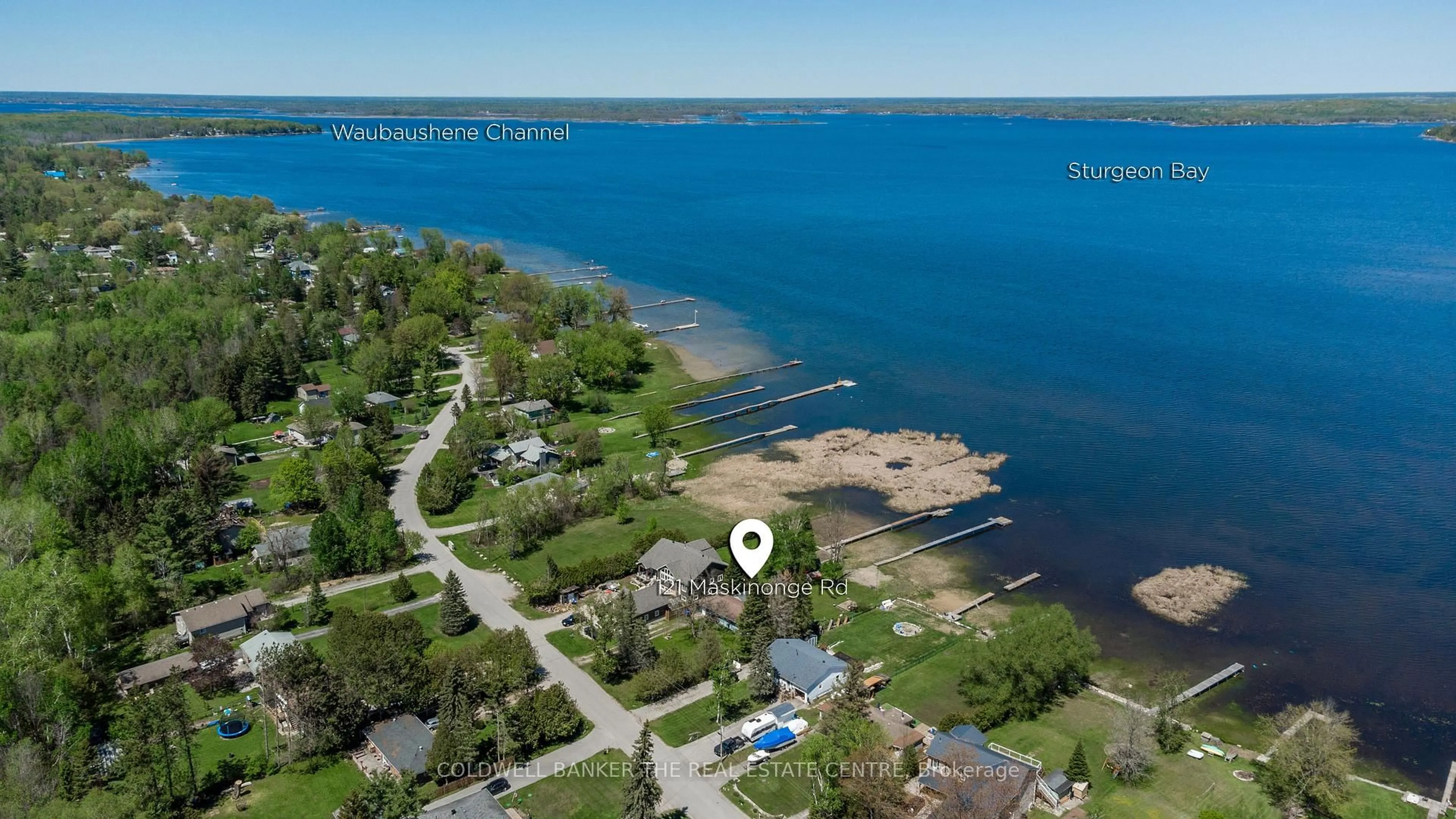 A pic from outside/outdoor area/front of a property/back of a property/a pic from drone, water/lake/river/ocean view for 121 Maskinonge Rd, Tay Ontario L0K 2A0